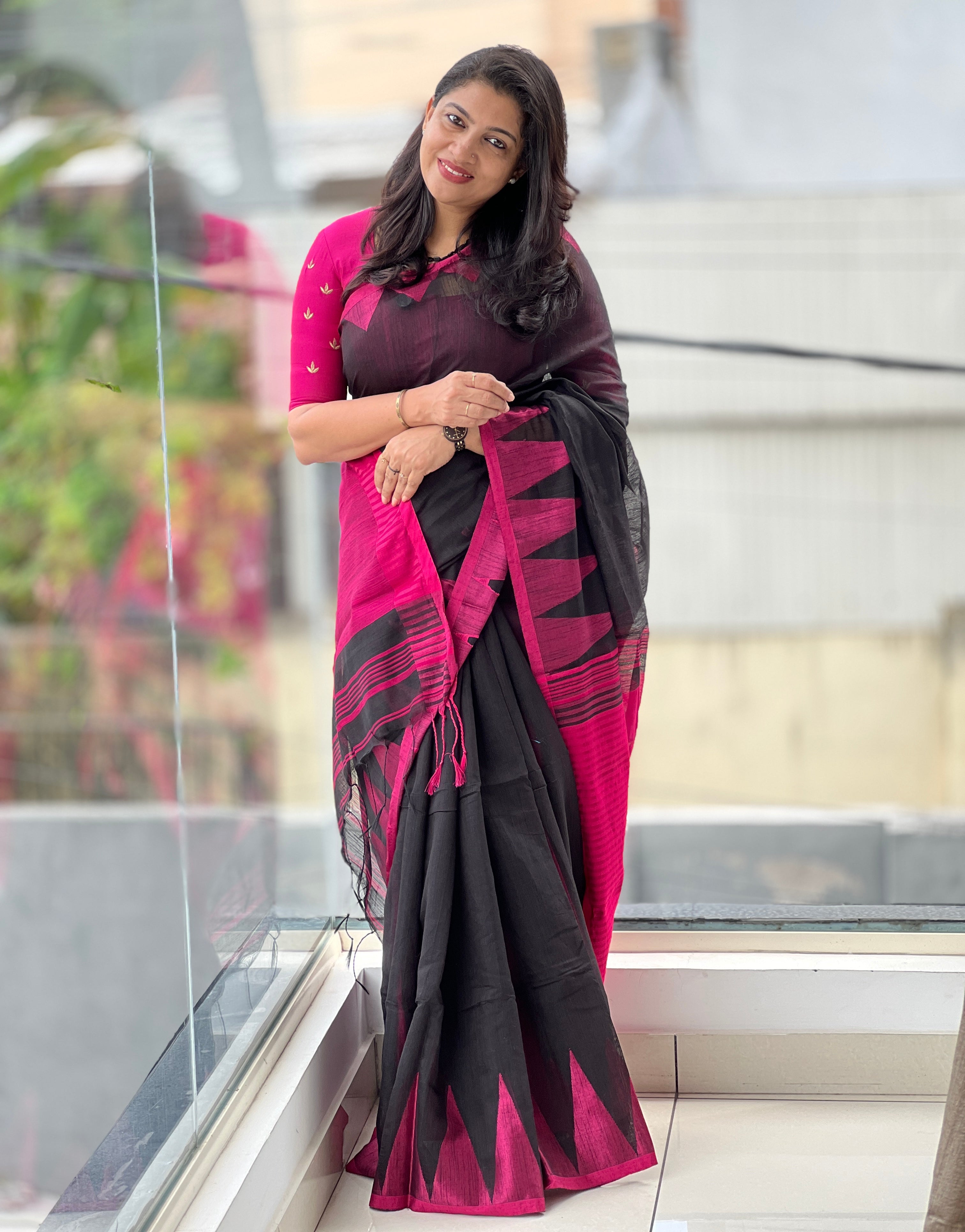 Contrast Temple Border Detailed Bhagalpuri Linen Saree | RP743