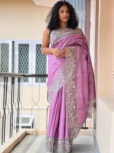 Machine Embroidery With  Scallop Pattern Pure Tussar Saree | SBS642