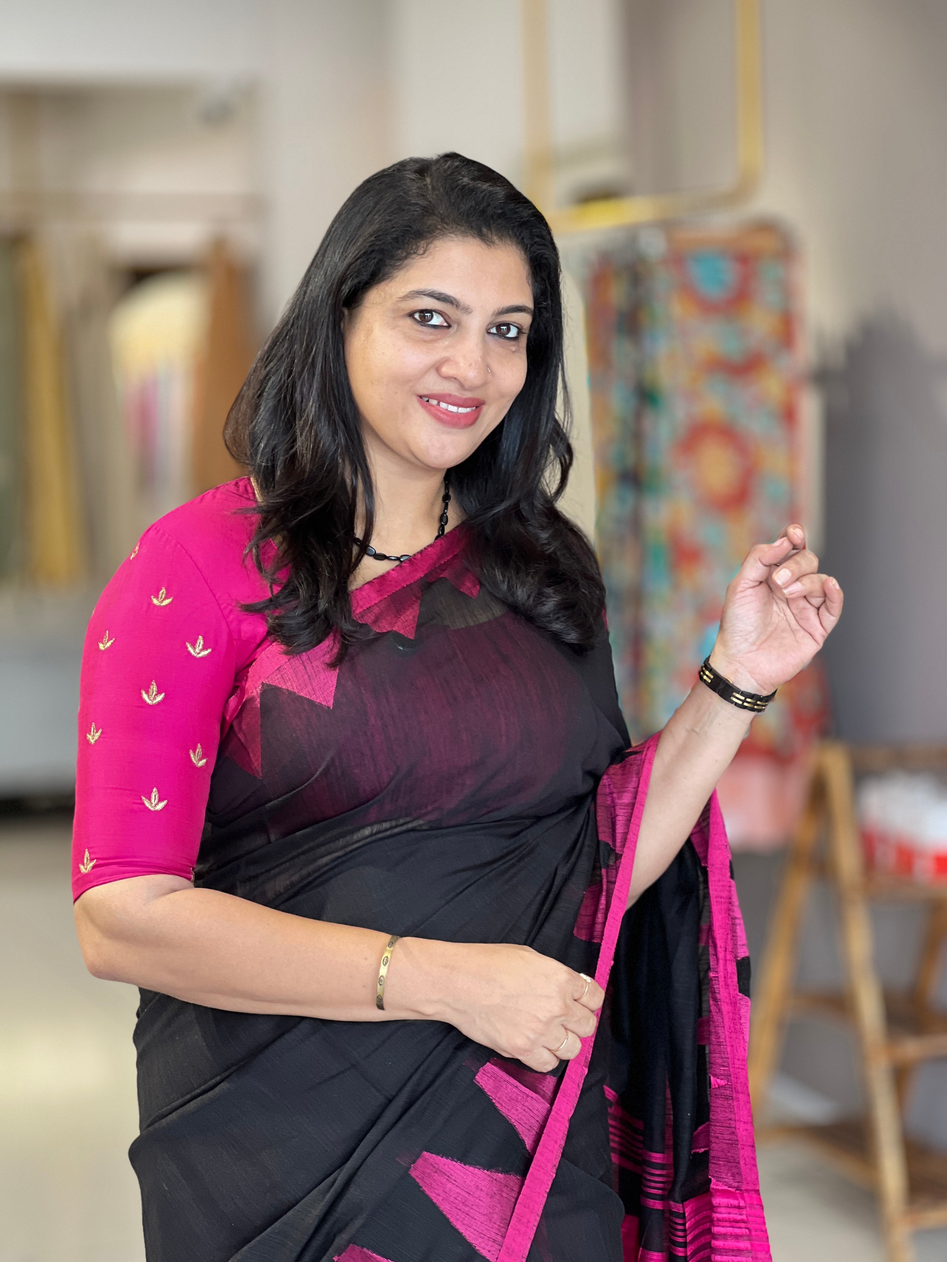 Contrast Temple Border Detailed Bhagalpuri Linen Saree | RP743