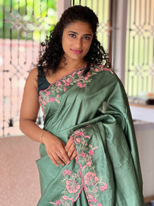 Computerized Machine Embroidery Pure Tussar Saree | SBS646