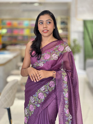 Floral Cross Stitch Embroidered Silky Kota Saree | NHH466