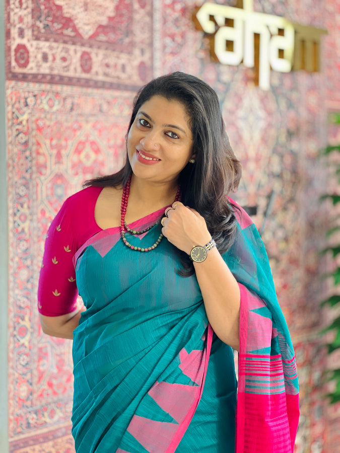 Contrast Temple Border Detailed Bhagalpuri Linen Saree | RP745
