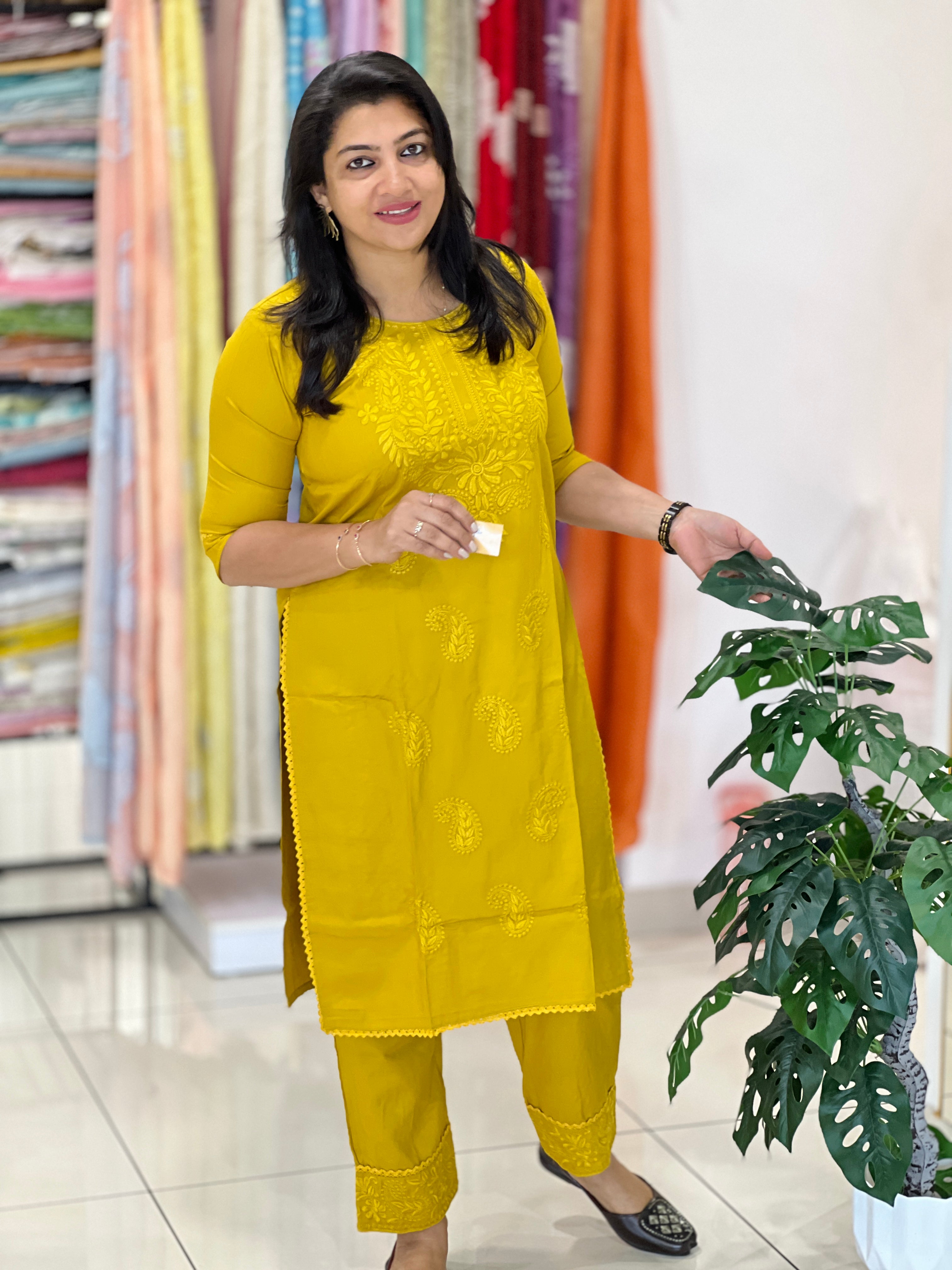 Computerized Lucknowi Embroidery Detailed Cotton Kurta Set | YV125