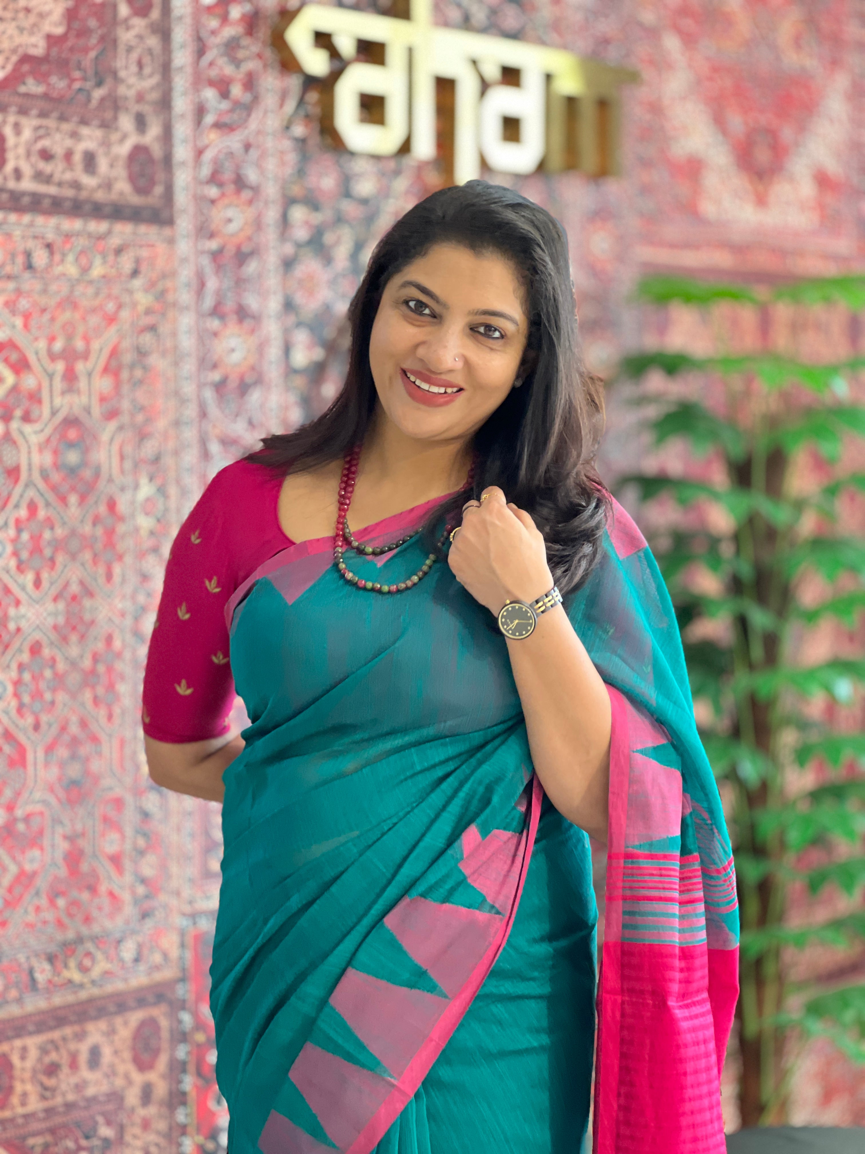 Contrast Temple Border Detailed Bhagalpuri Linen Saree | RP745
