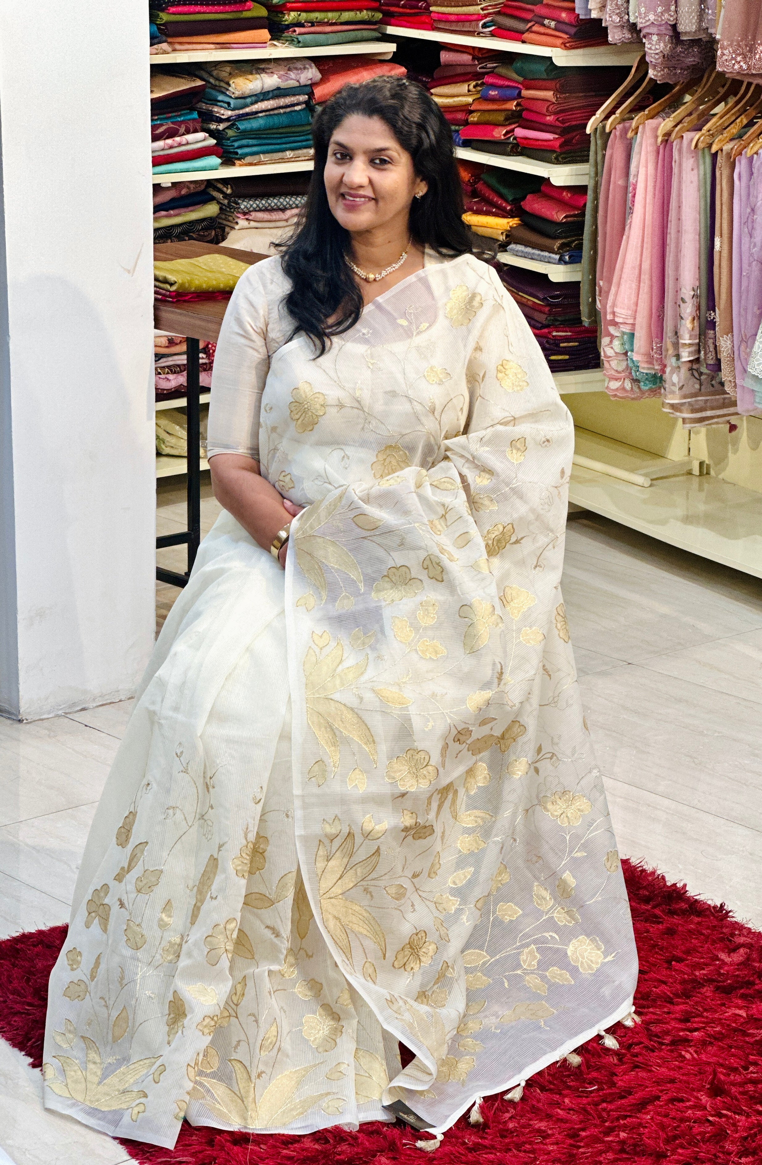 Floral Applique Pattern Muga Check Organza Saree | ZSS536