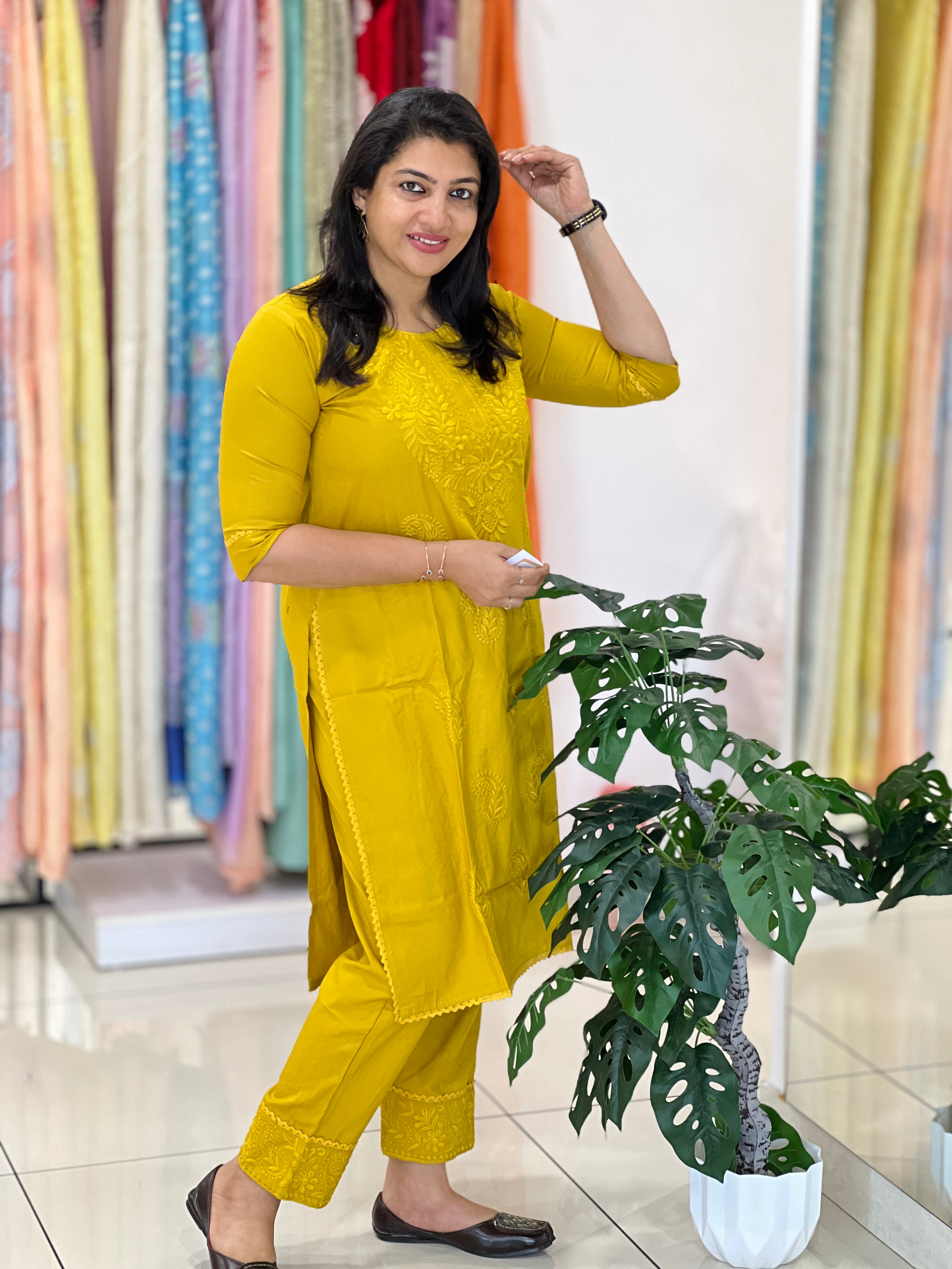 Computerized Lucknowi Embroidery Detailed Cotton Kurta Set | YV125