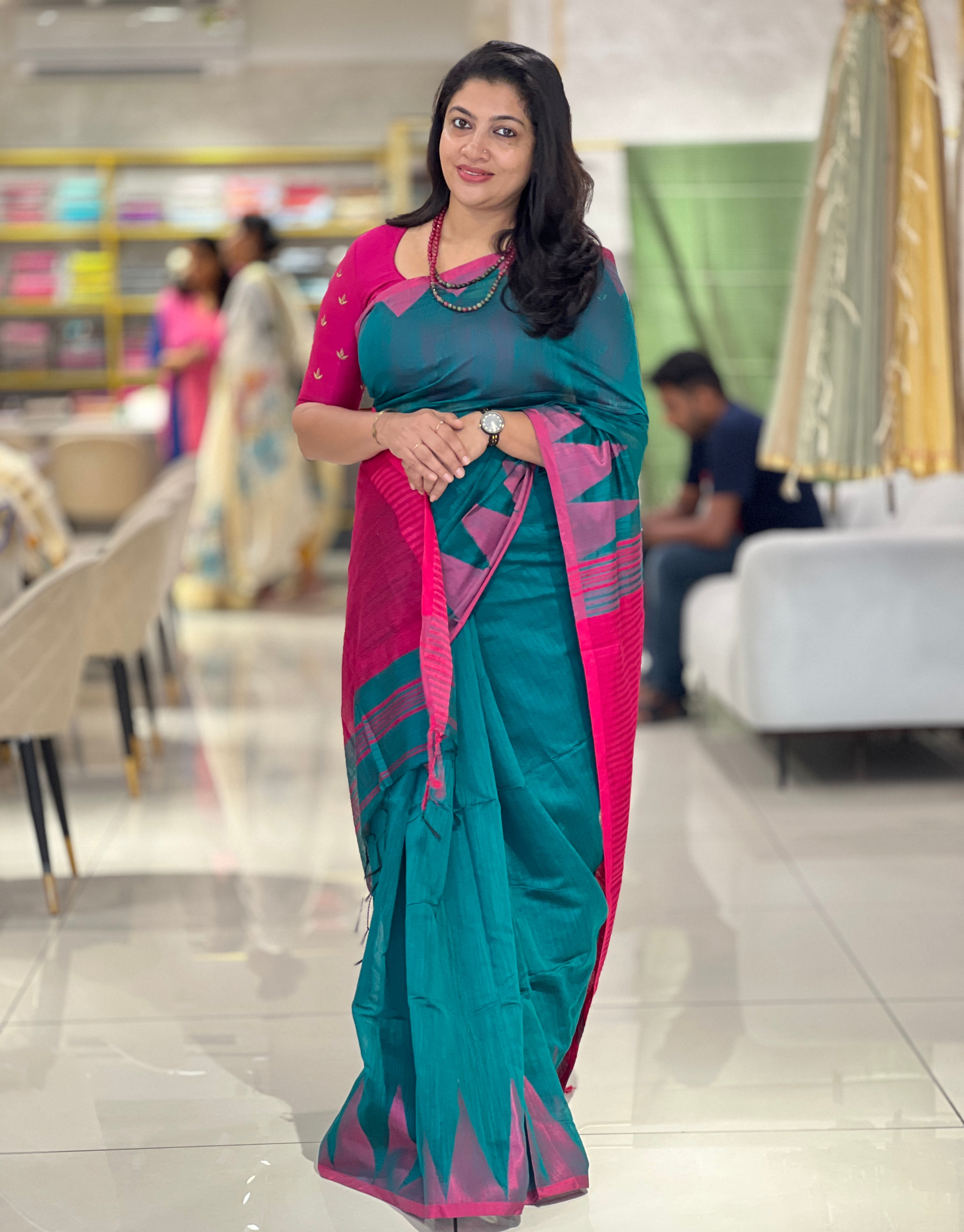 Contrast Temple Border Detailed Bhagalpuri Linen Saree | RP745