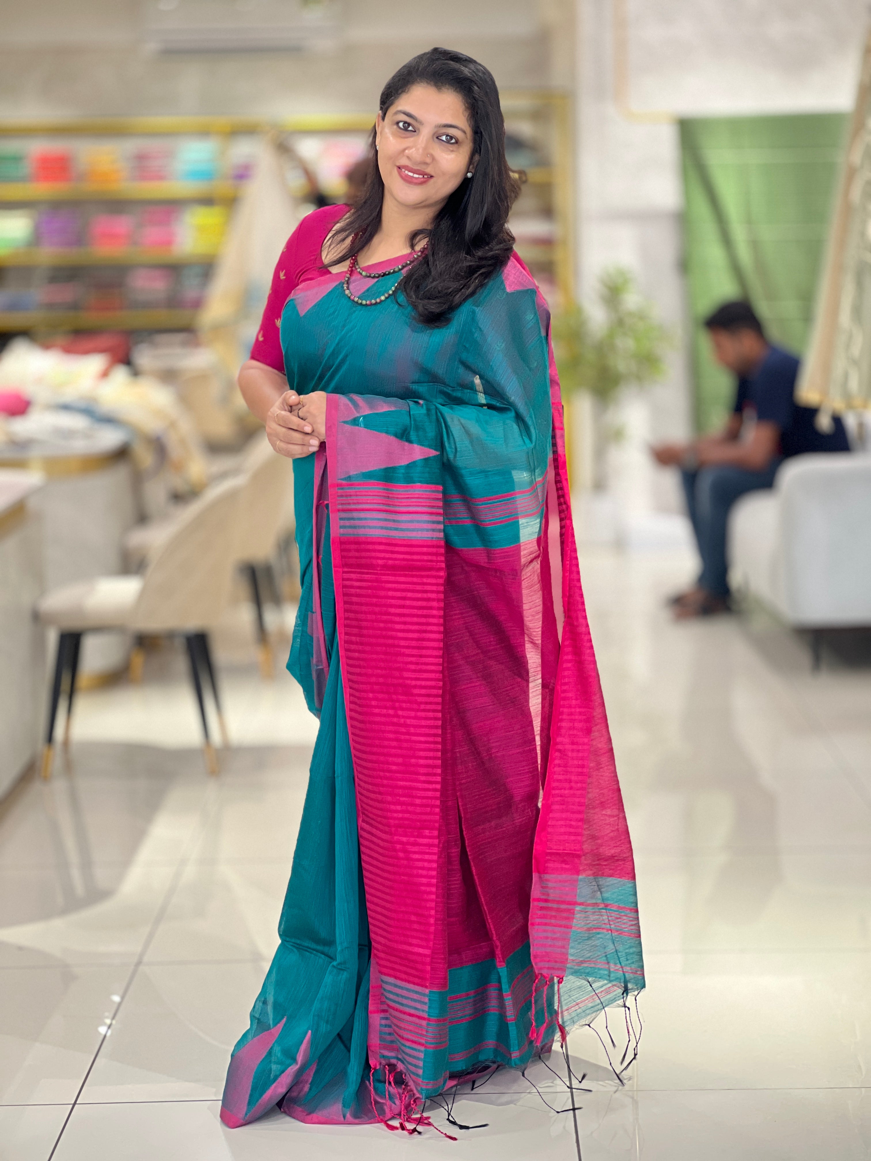 Contrast Temple Border Detailed Bhagalpuri Linen Saree | RP745