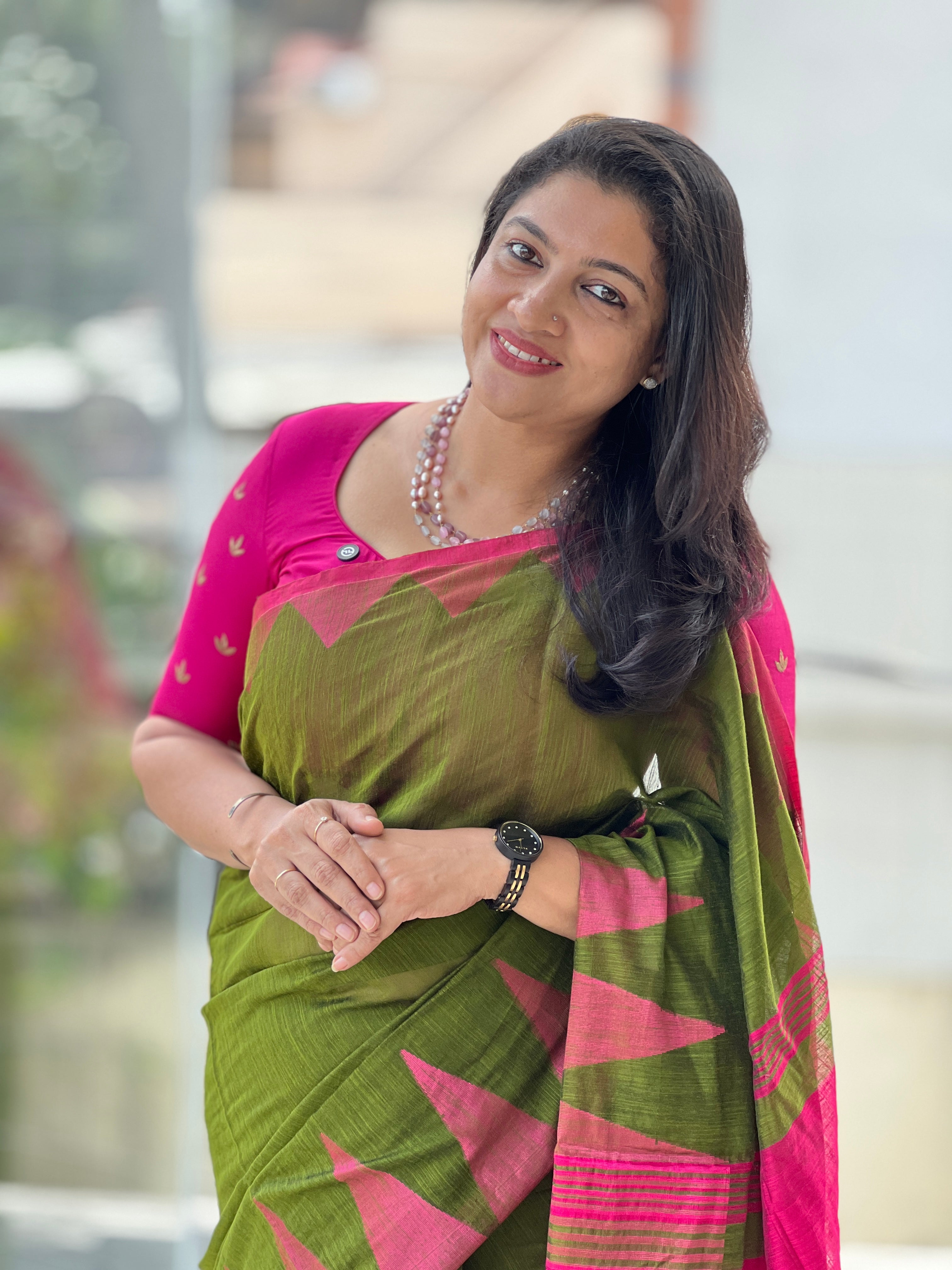 Contrast Temple Border Detailed Bhagalpuri Linen Saree | RP746