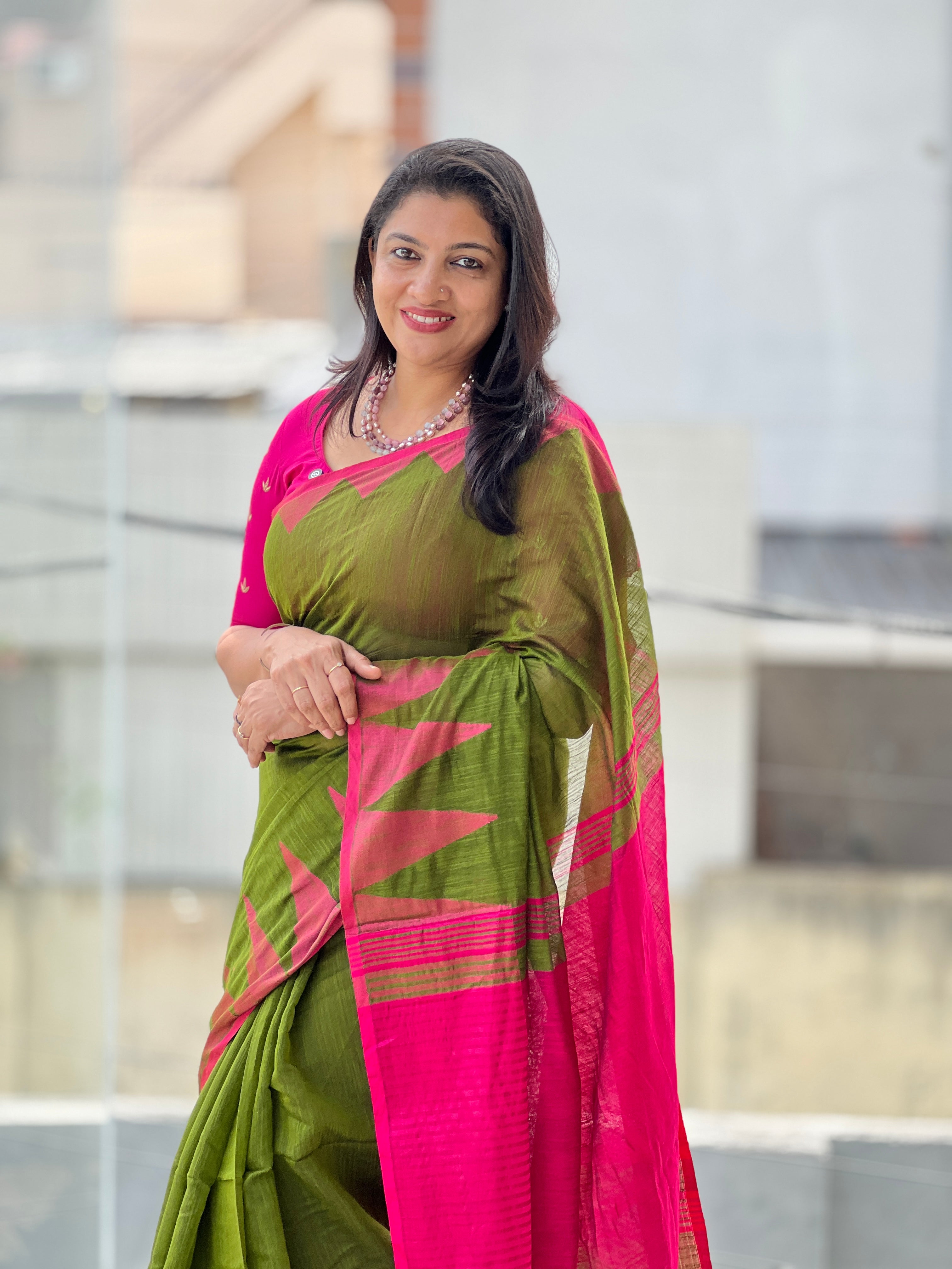Contrast Temple Border Detailed Bhagalpuri Linen Saree | RP746