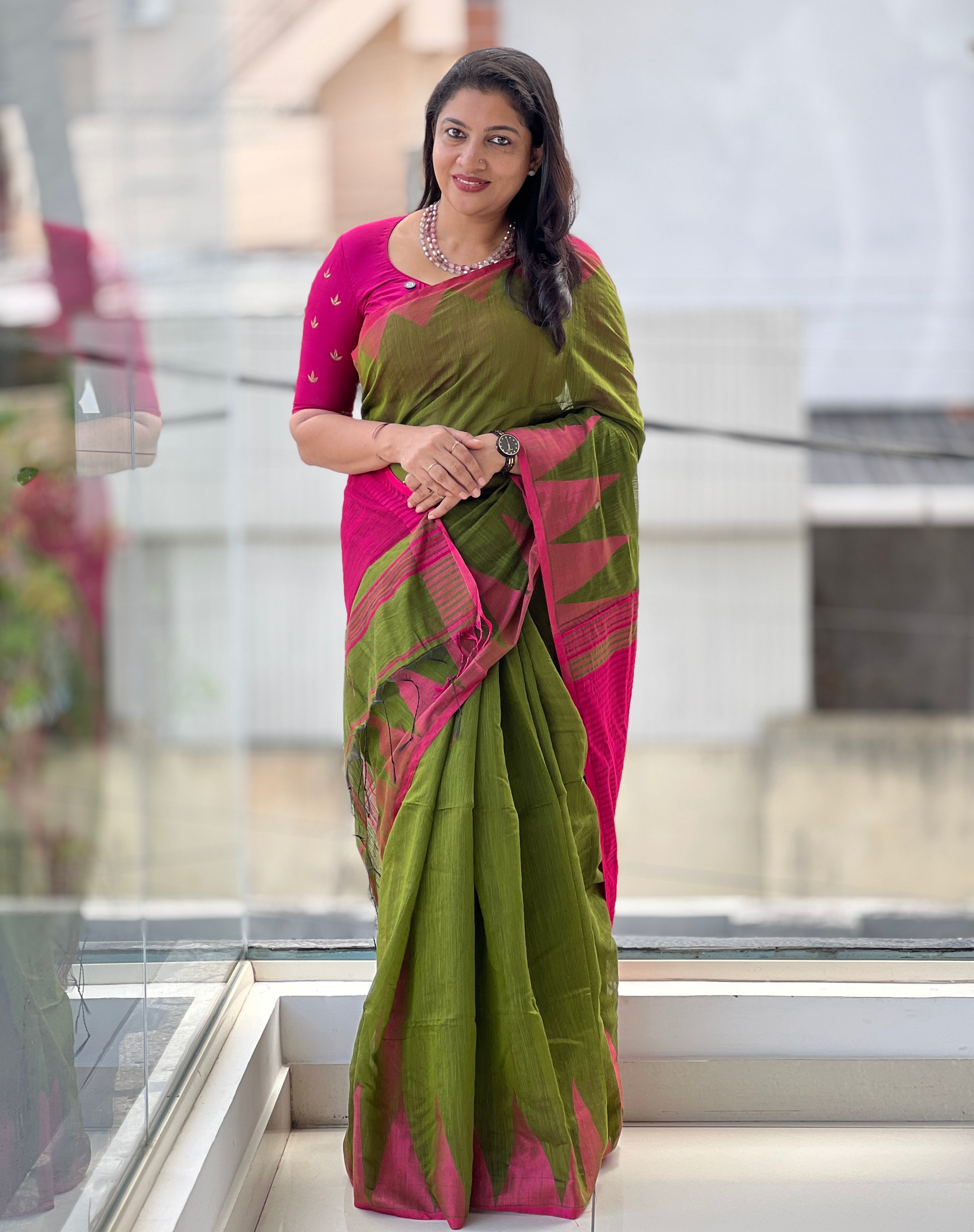 Contrast Temple Border Detailed Bhagalpuri Linen Saree | RP746