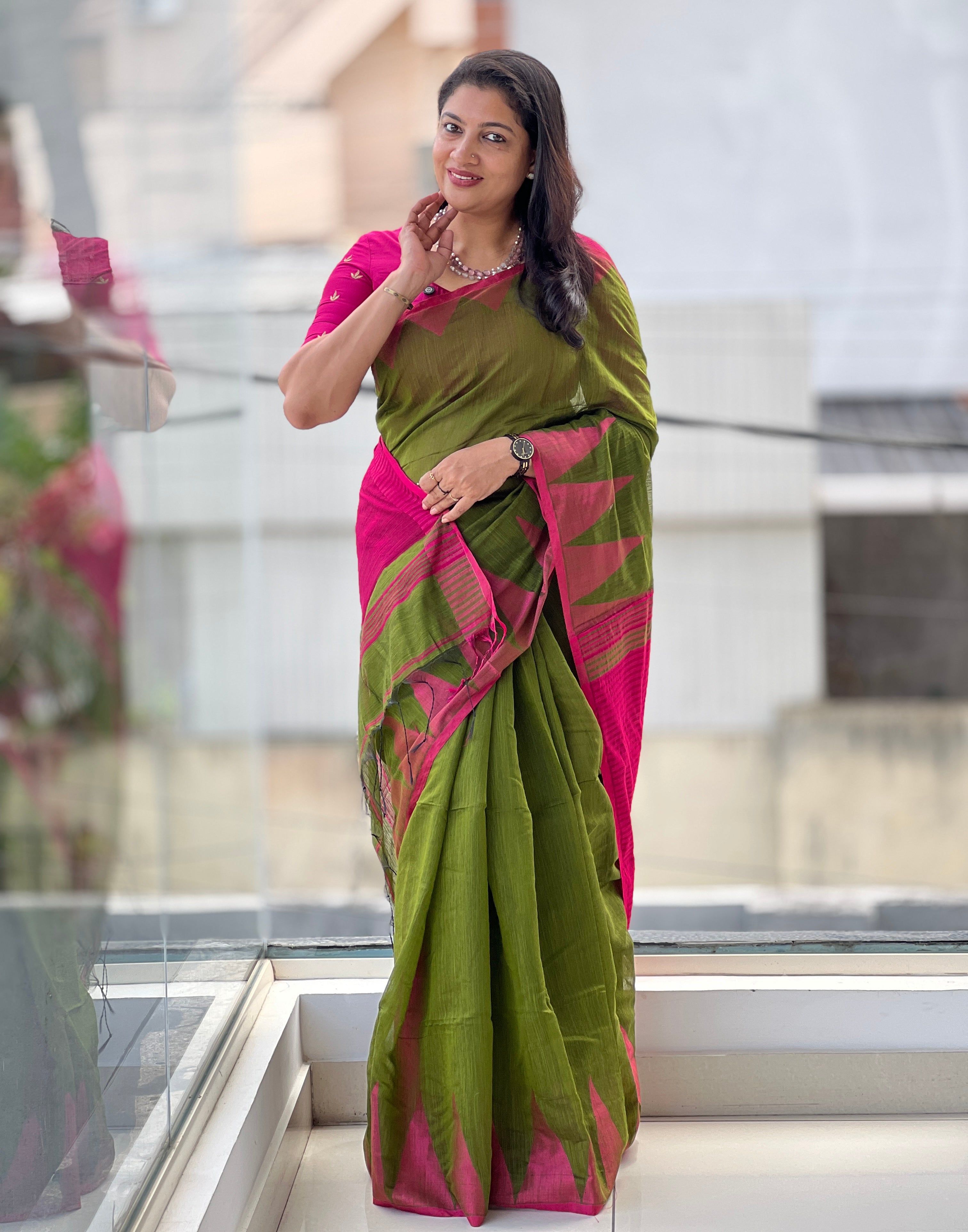 Contrast Temple Border Detailed Bhagalpuri Linen Saree | RP746