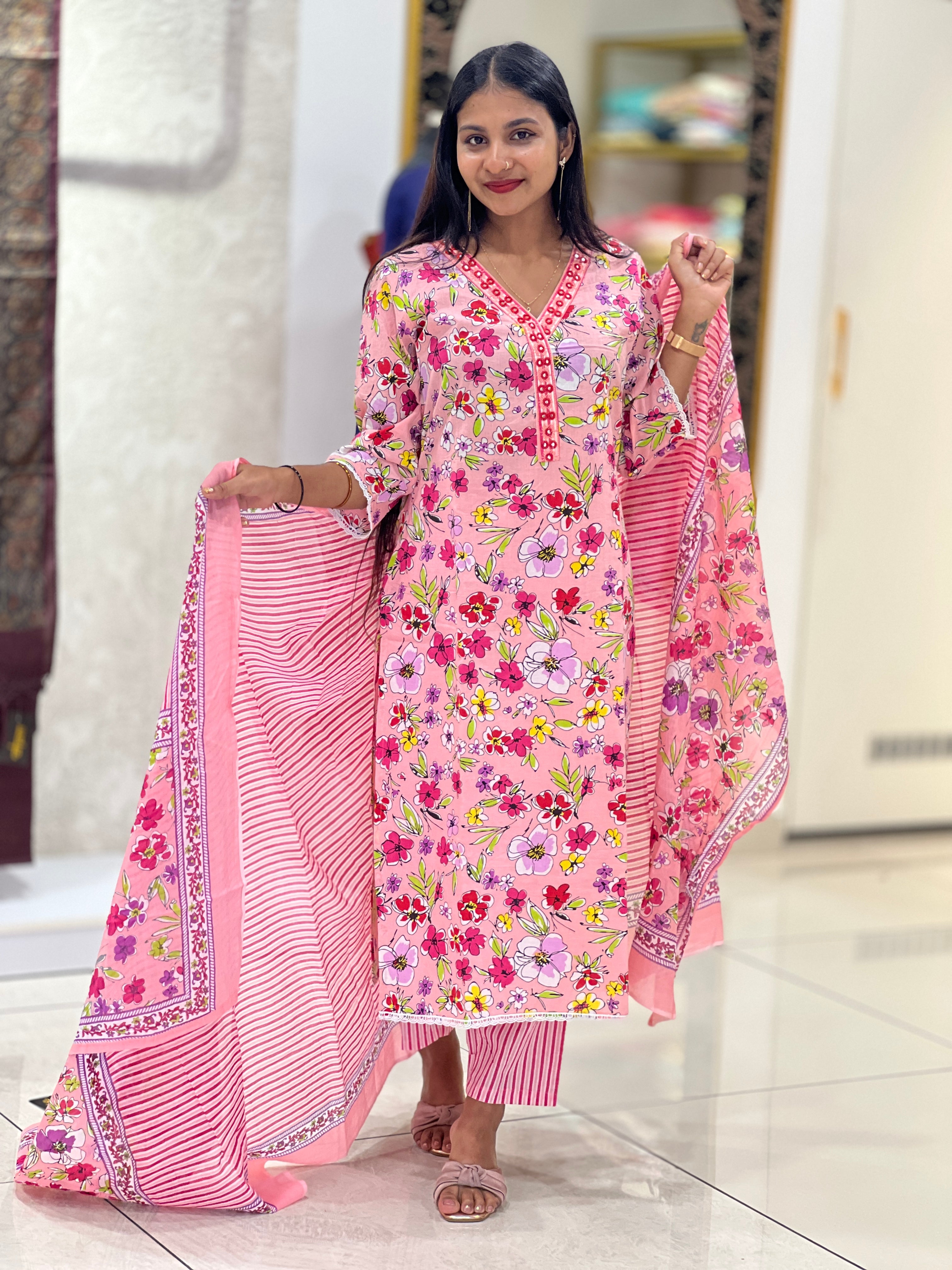 Floral Screen Print Design Cotton Kurta Set | NCF155