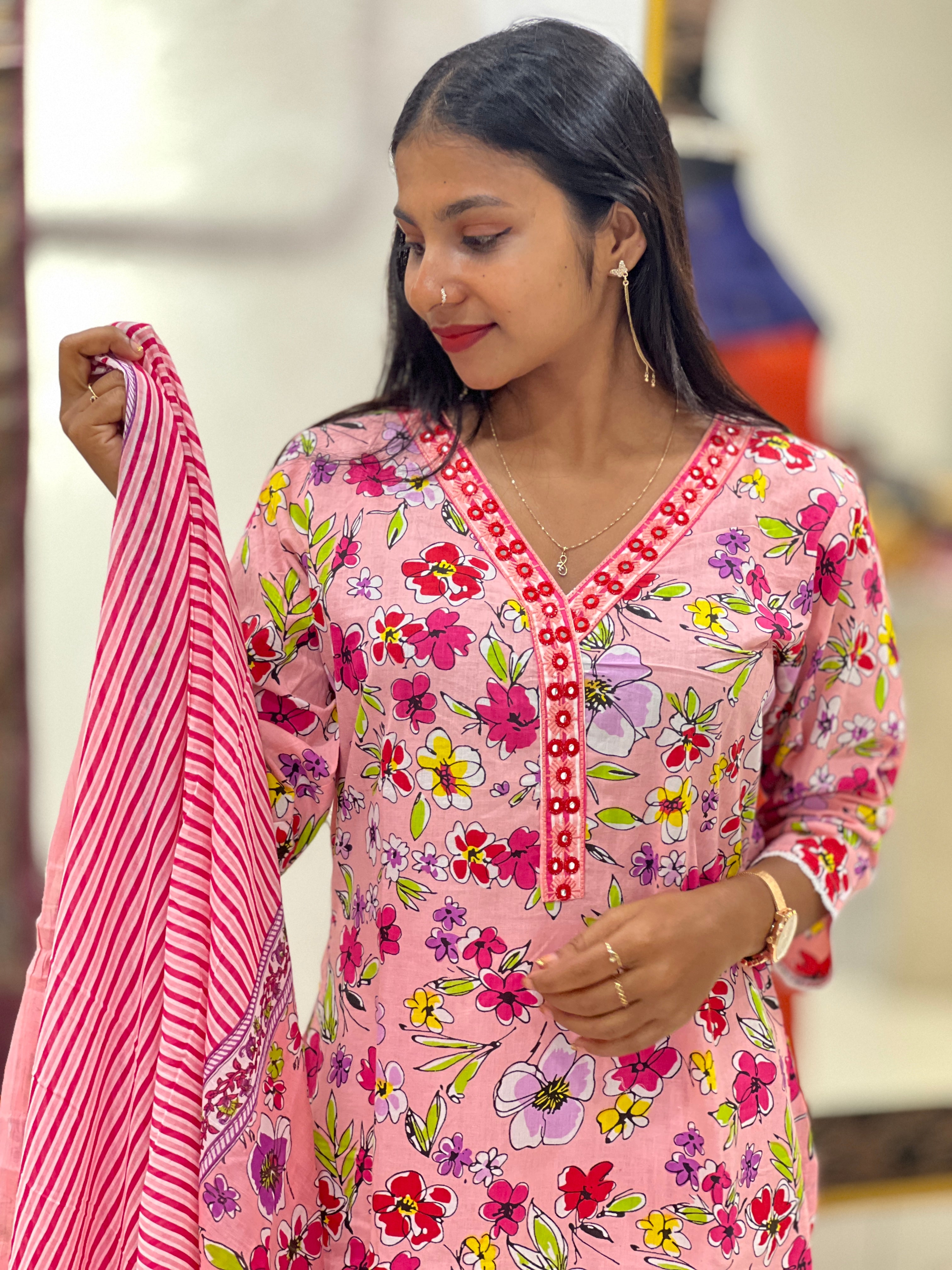 Floral Screen Print Design Cotton Kurta Set | NCF155