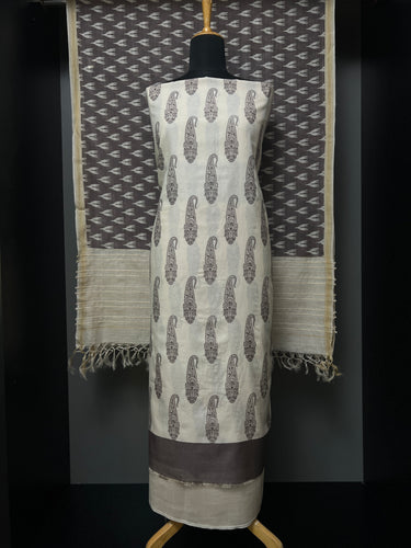 Hand Block Printed Tussar-Cotton Salwar Set | UVS142