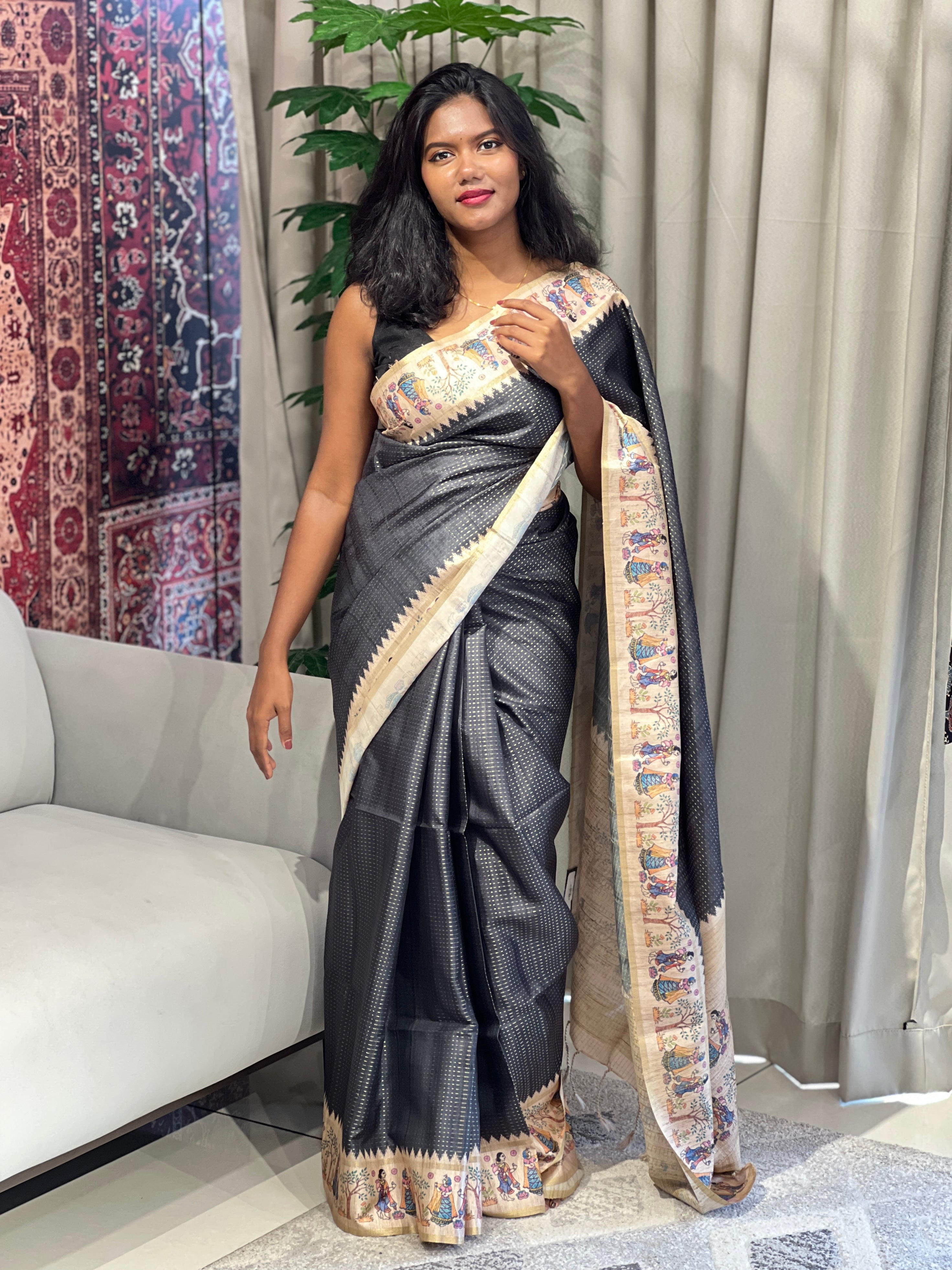 Madhubani Print Detailed Semi Tussar Saree | SSN265