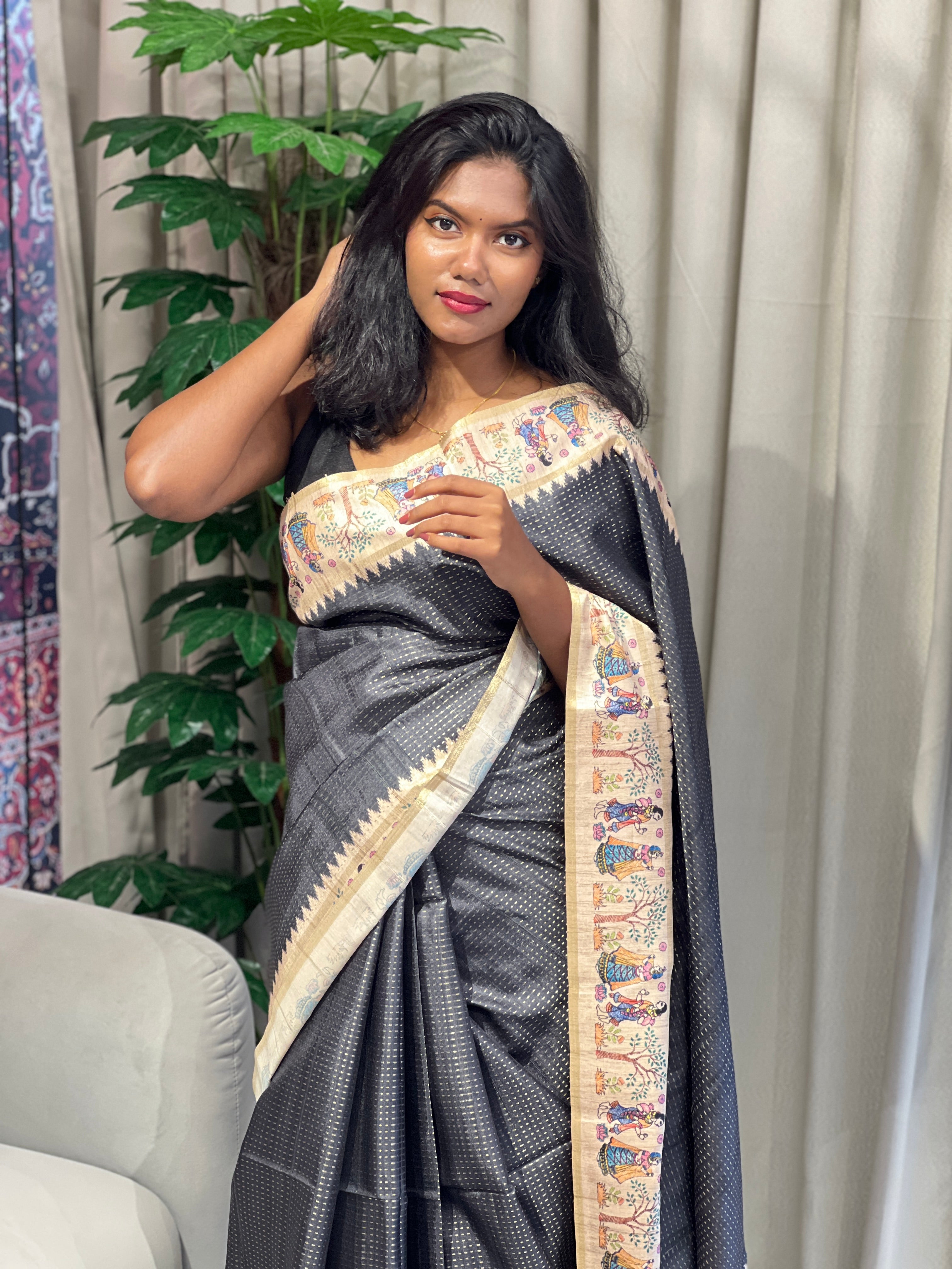 Madhubani Print Detailed Semi Tussar Saree | SSN265