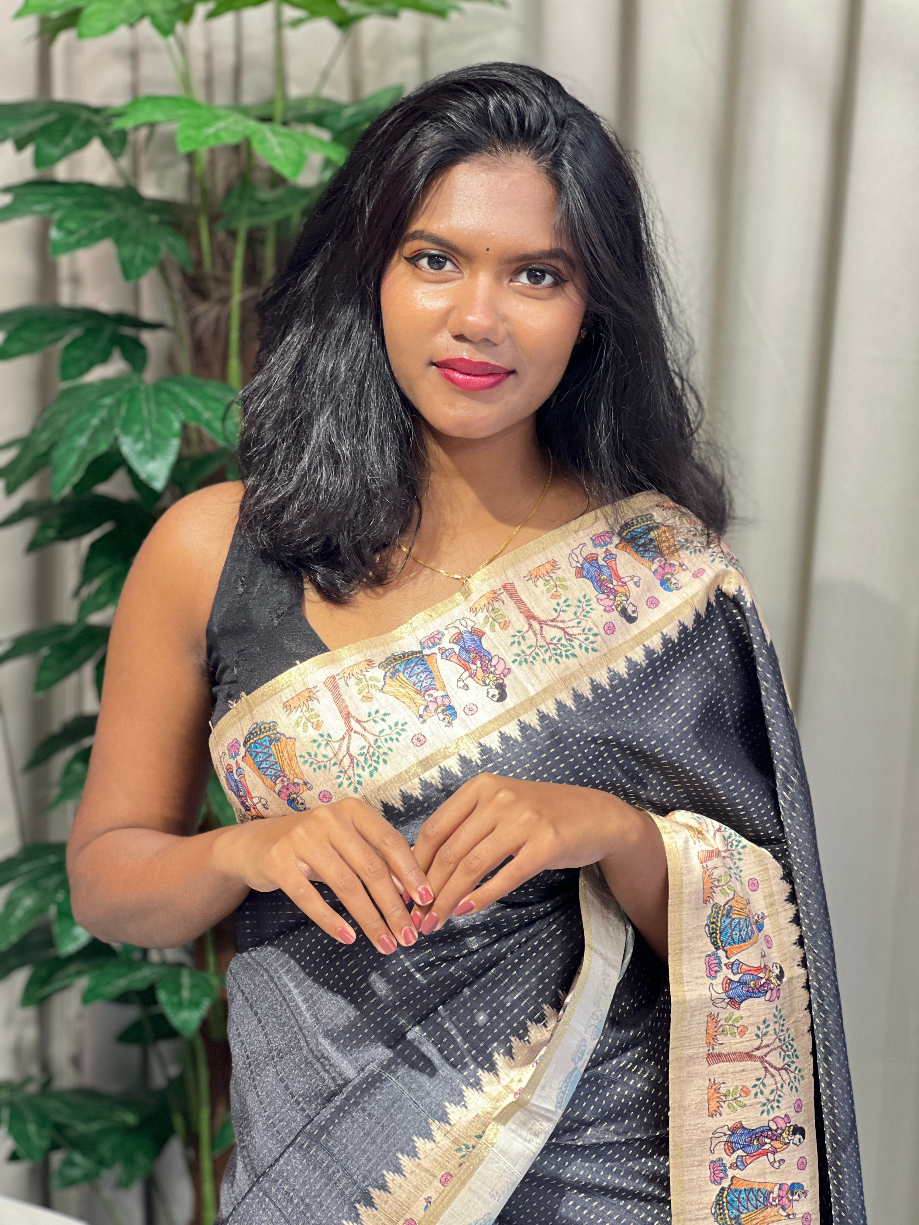 Madhubani Print Detailed Semi Tussar Saree | SSN265