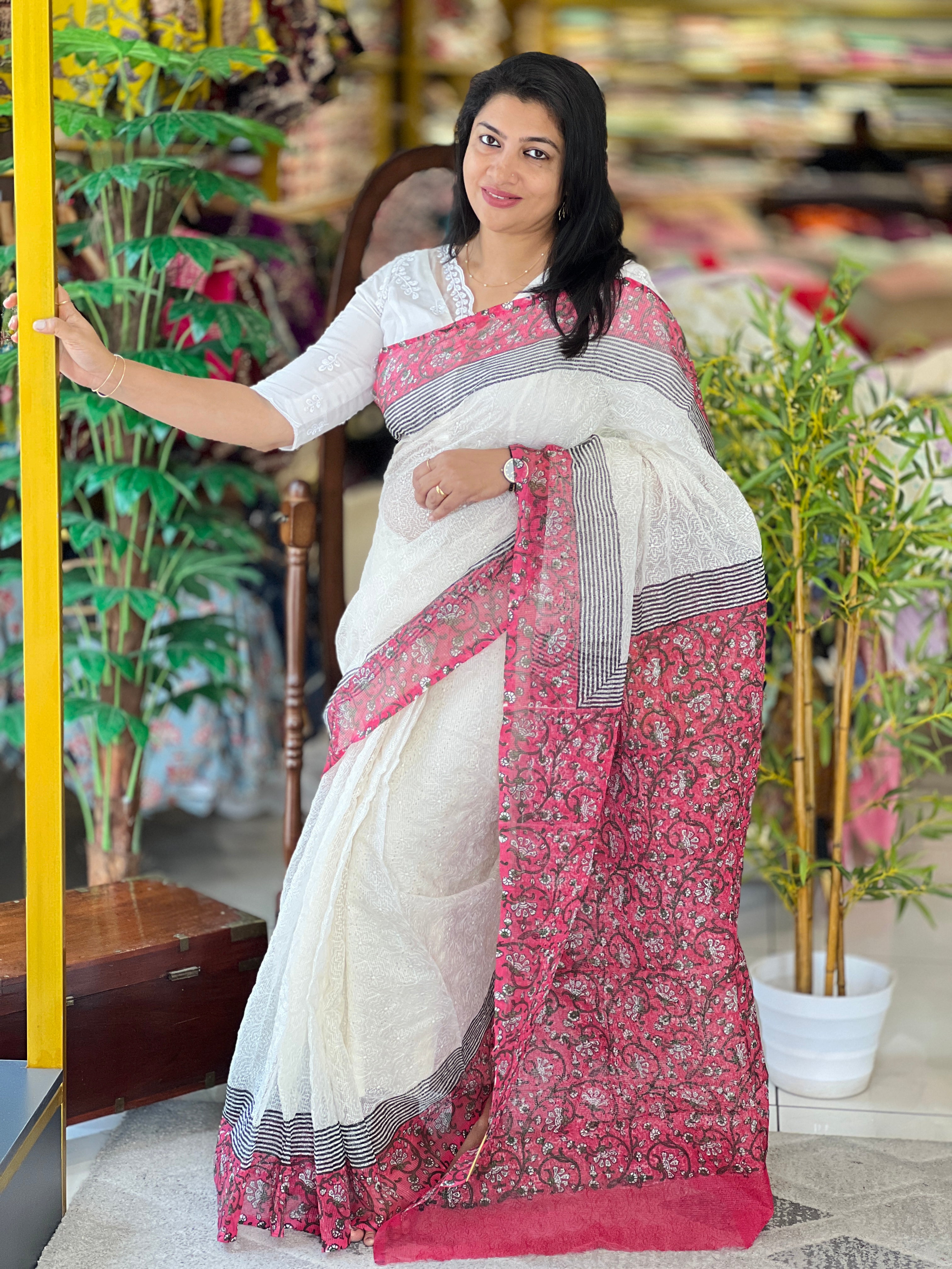 Block Printed Muga Check Kota Saree | JSC620