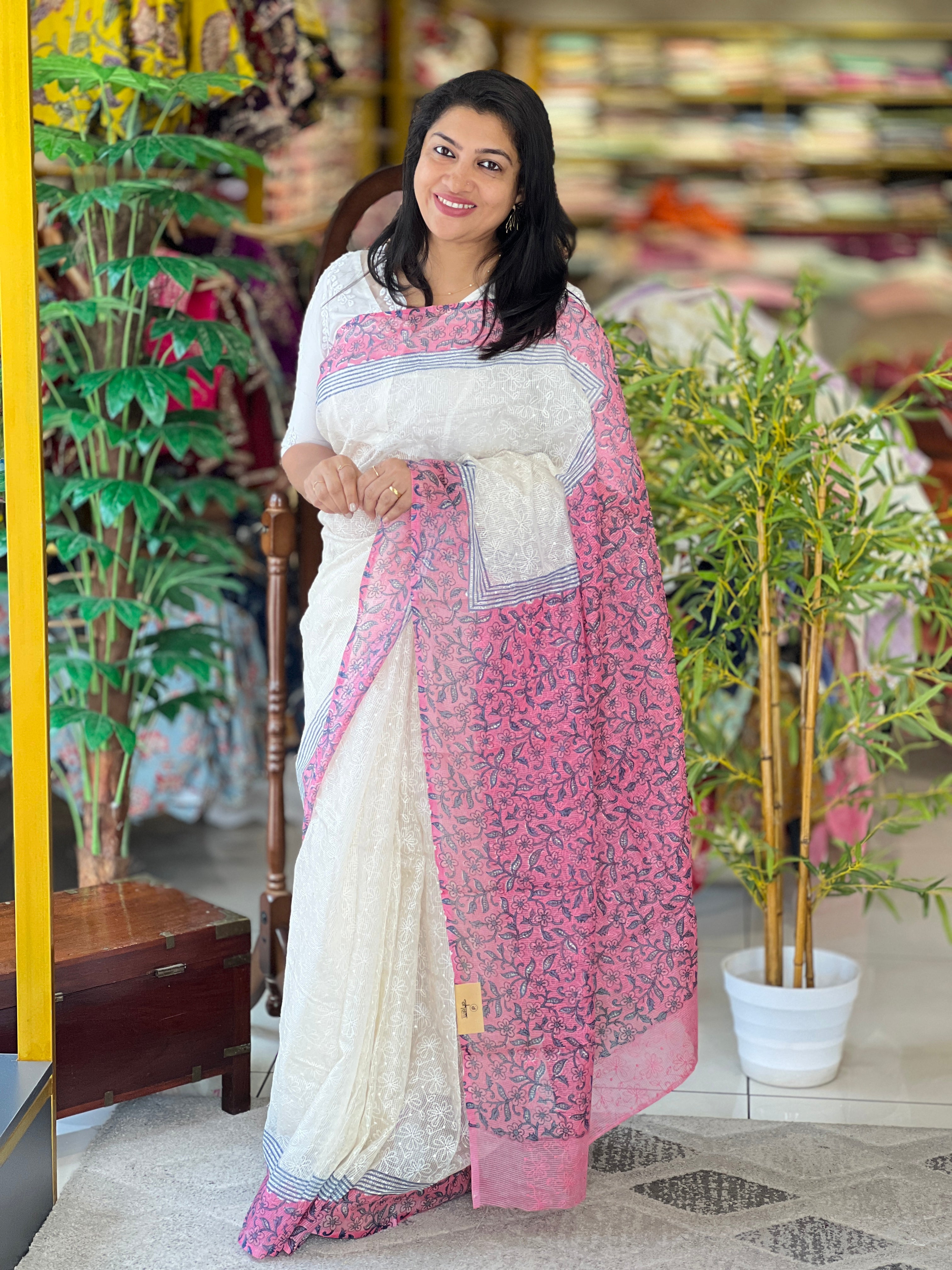 Block Printed Muga Check Kota Saree  | JSC615