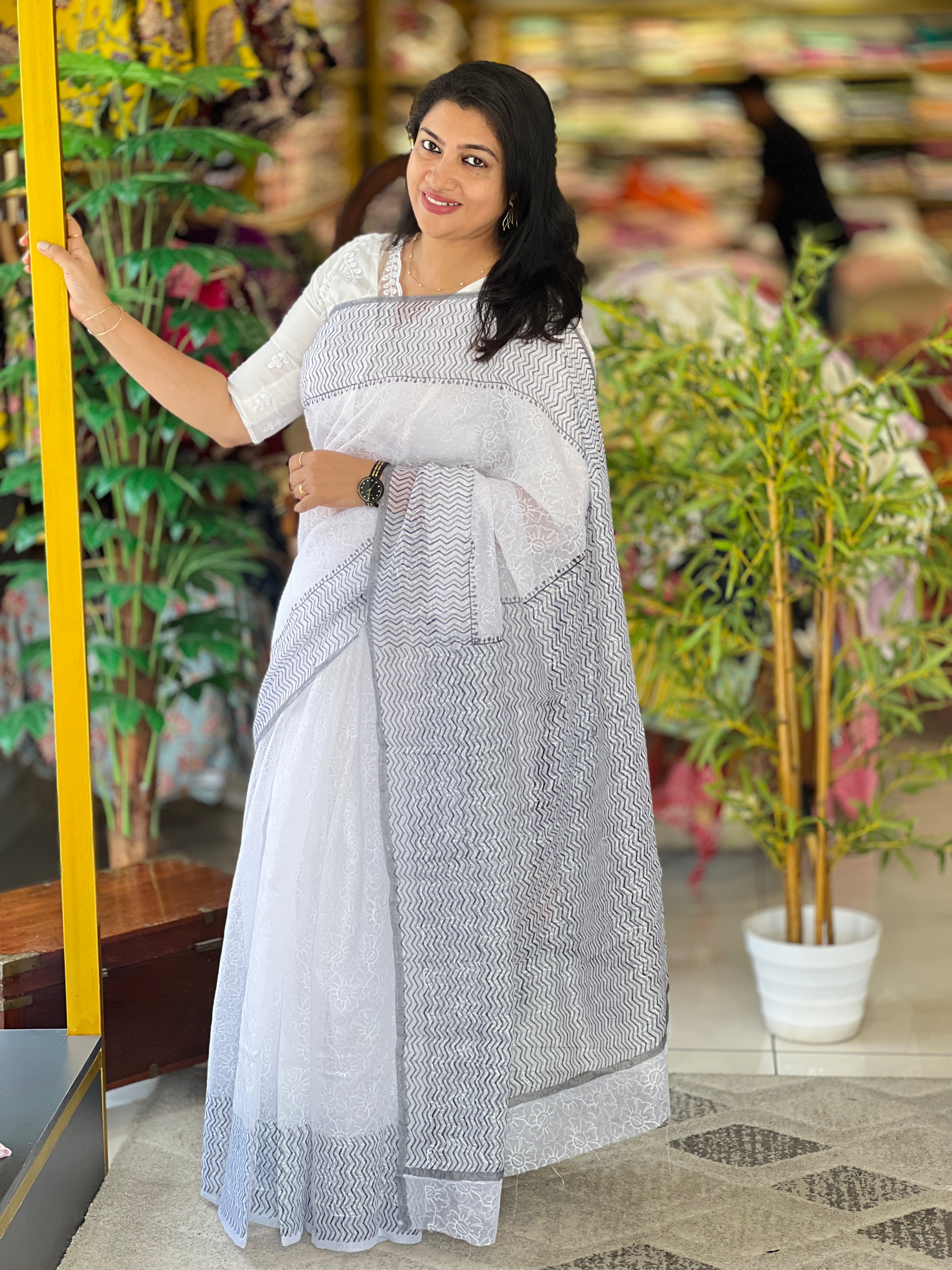 Block Printed Muga Check Kota Saree | JSC611