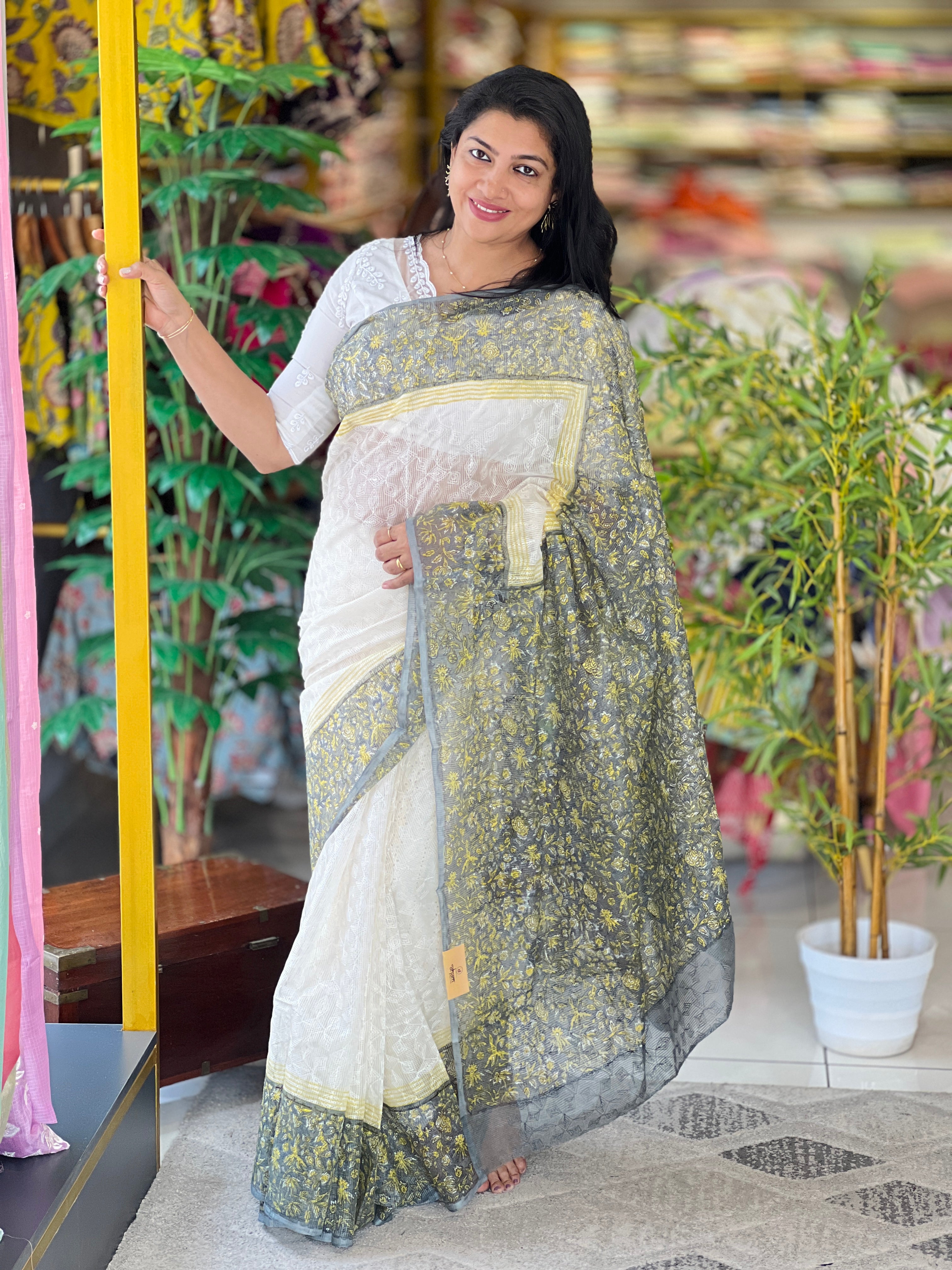 Block Printed Muga Check Kota Saree | JSC618