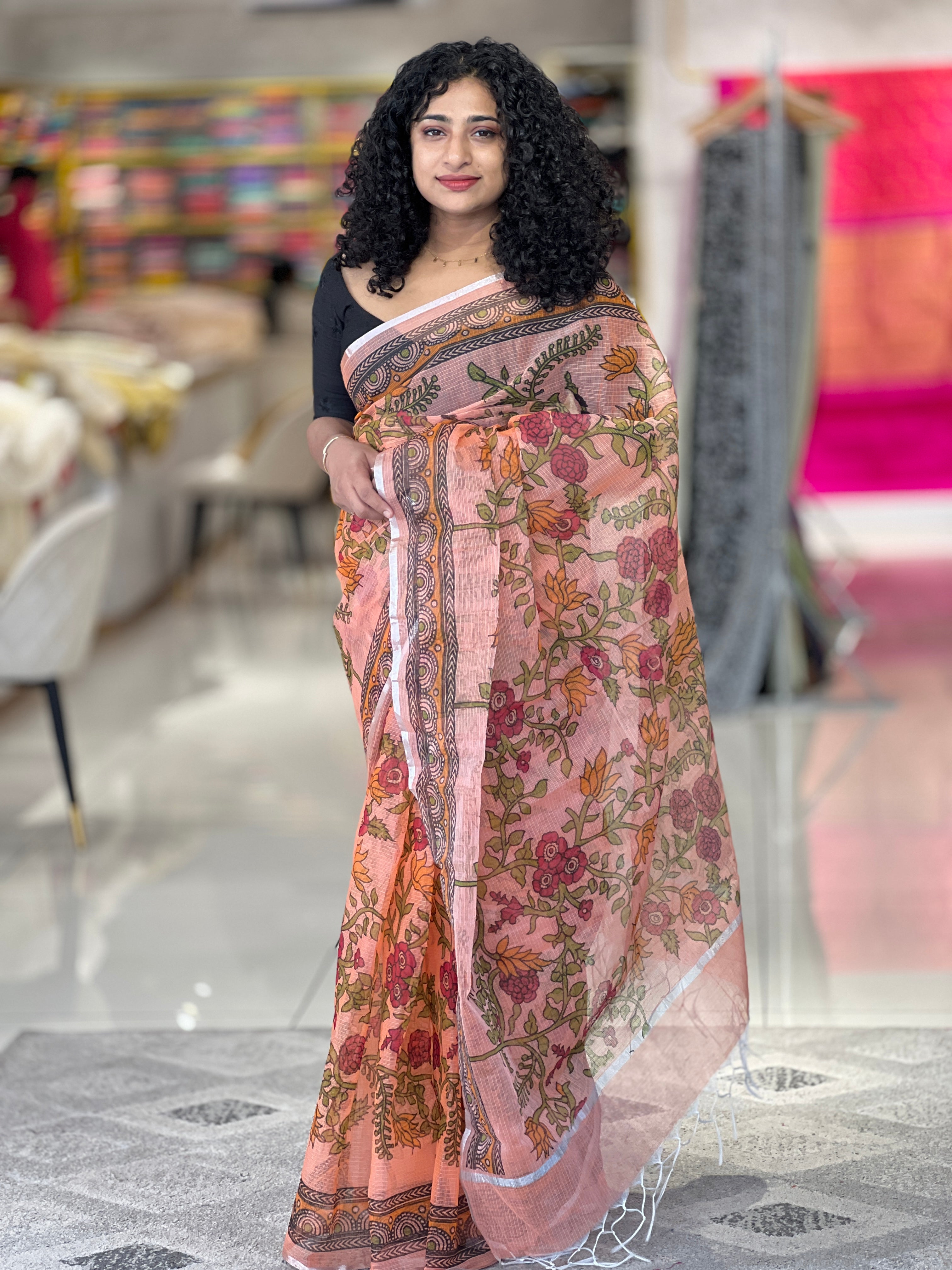 Peach Kalamkari Screen-Printed Kota Saree | RK254
