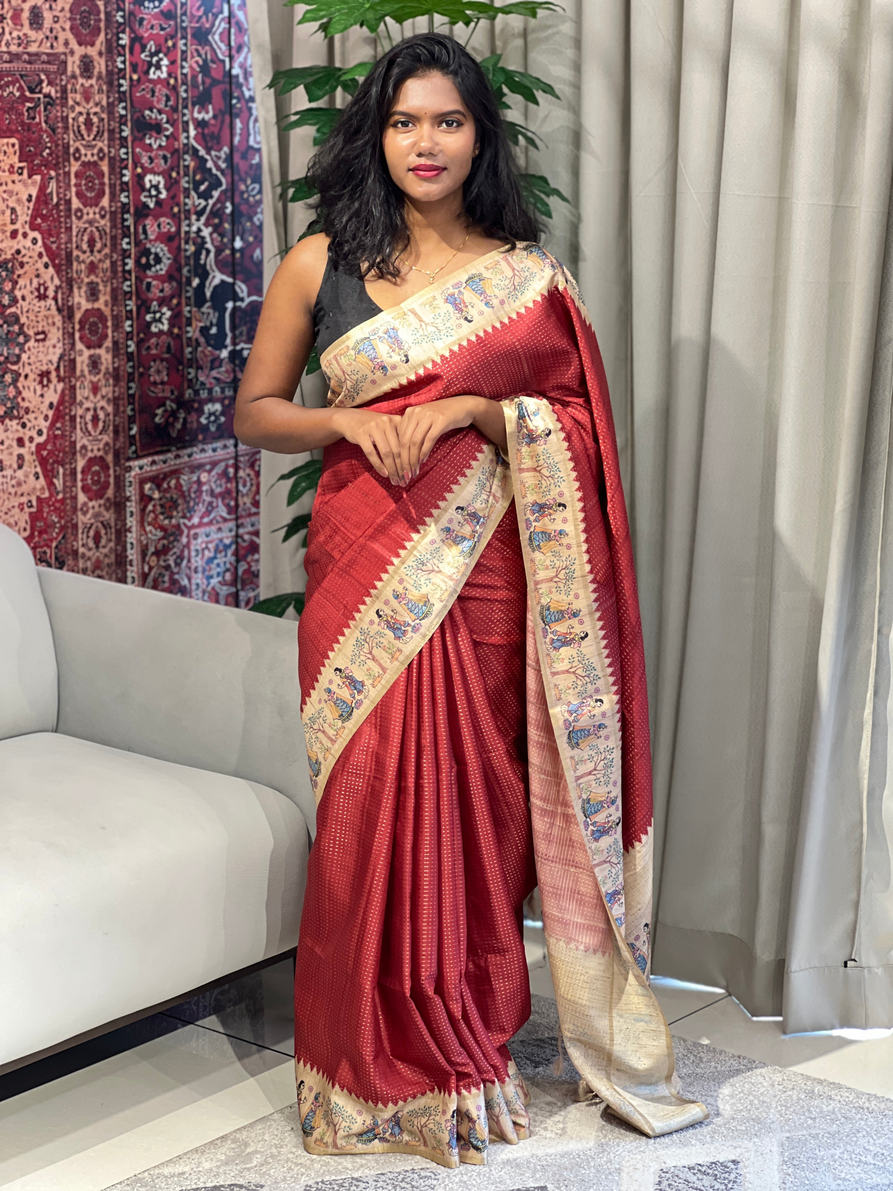 Madhubani Print Detailed Semi Tussar Saree | SSN264