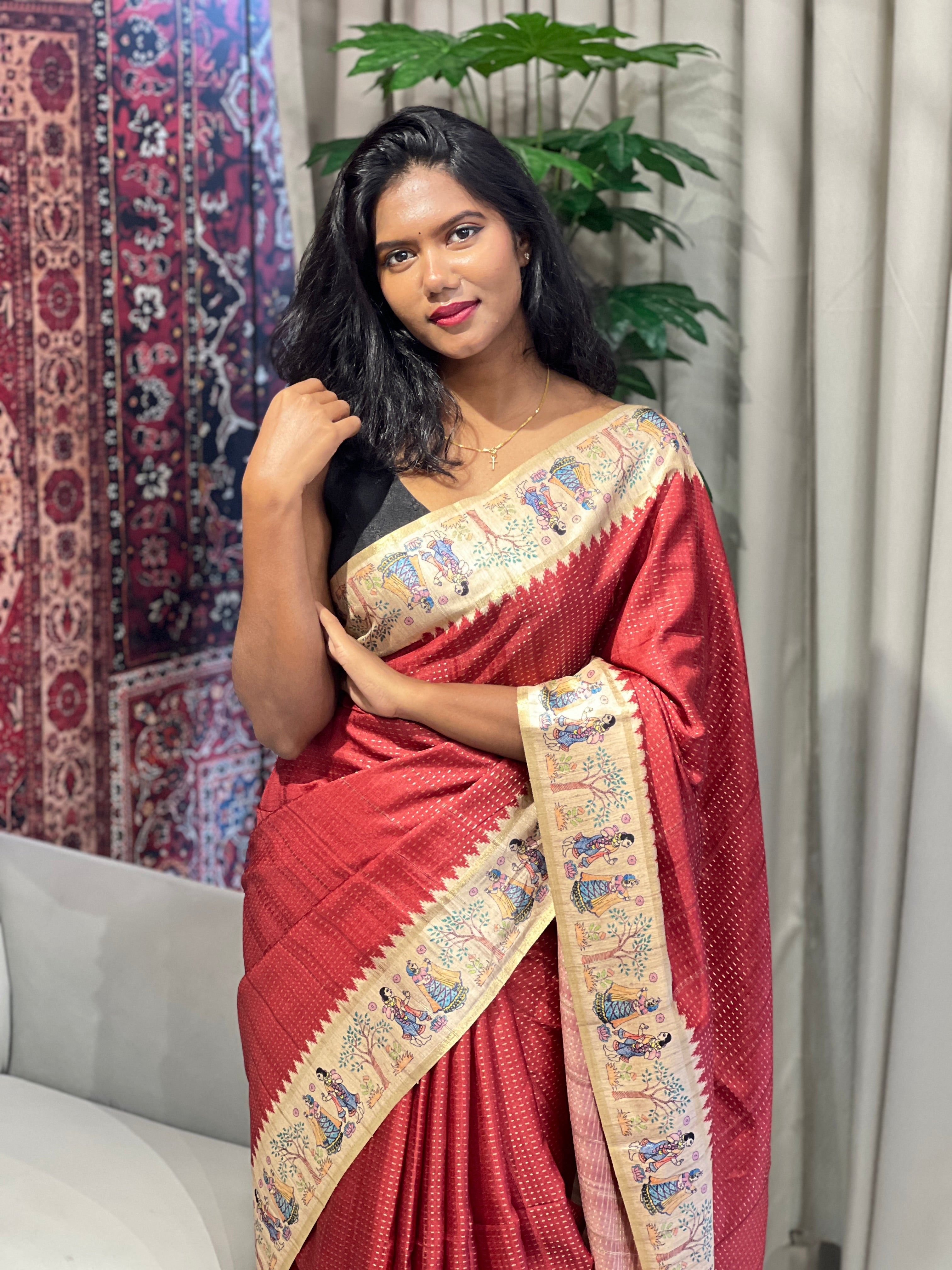Madhubani Print Detailed Semi Tussar Saree | SSN264