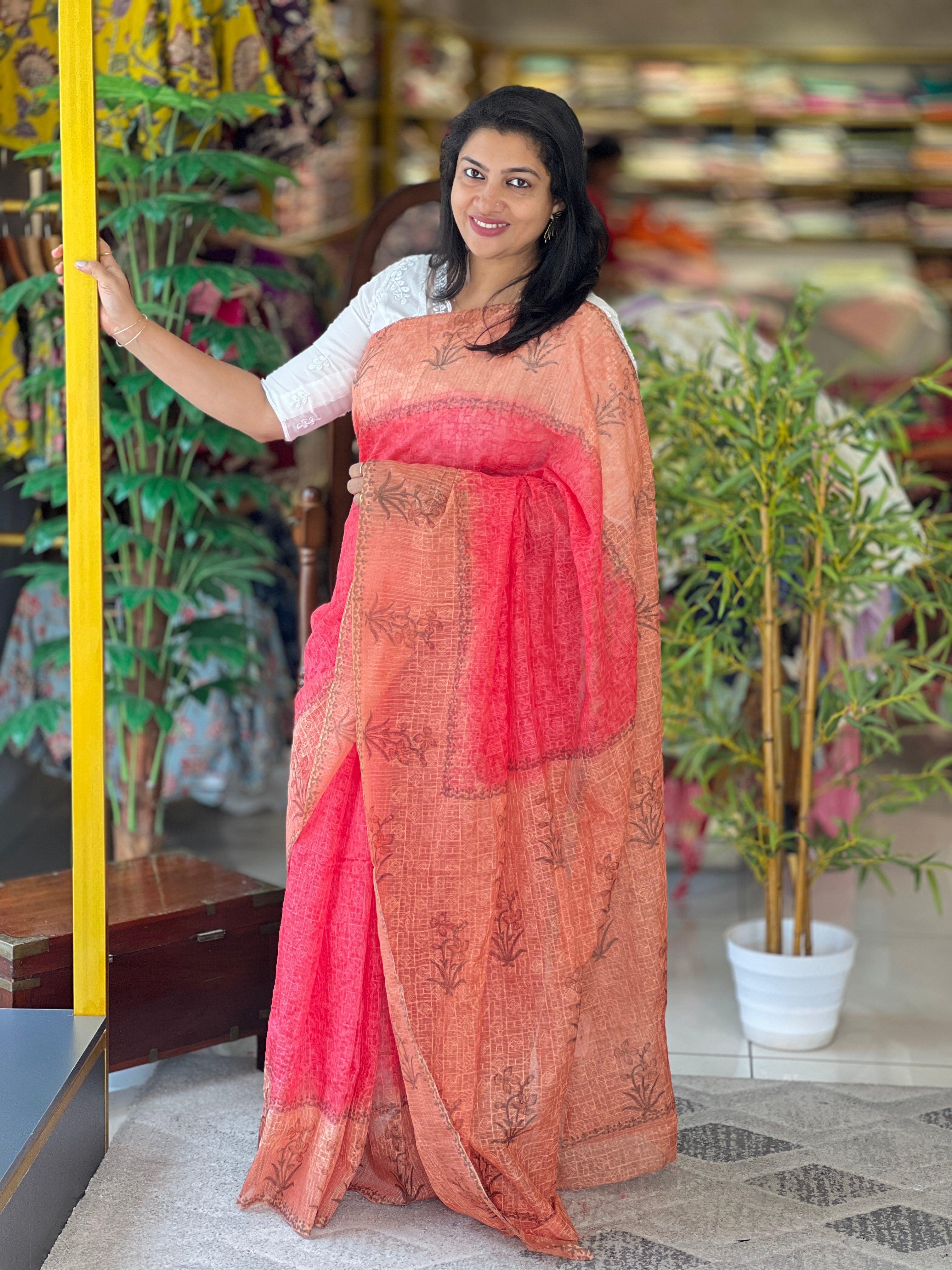 Block Printed Muga Check Kota Saree | JSC623