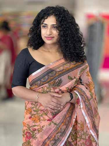 Peach Kalamkari Screen-Printed Kota Saree | RK254
