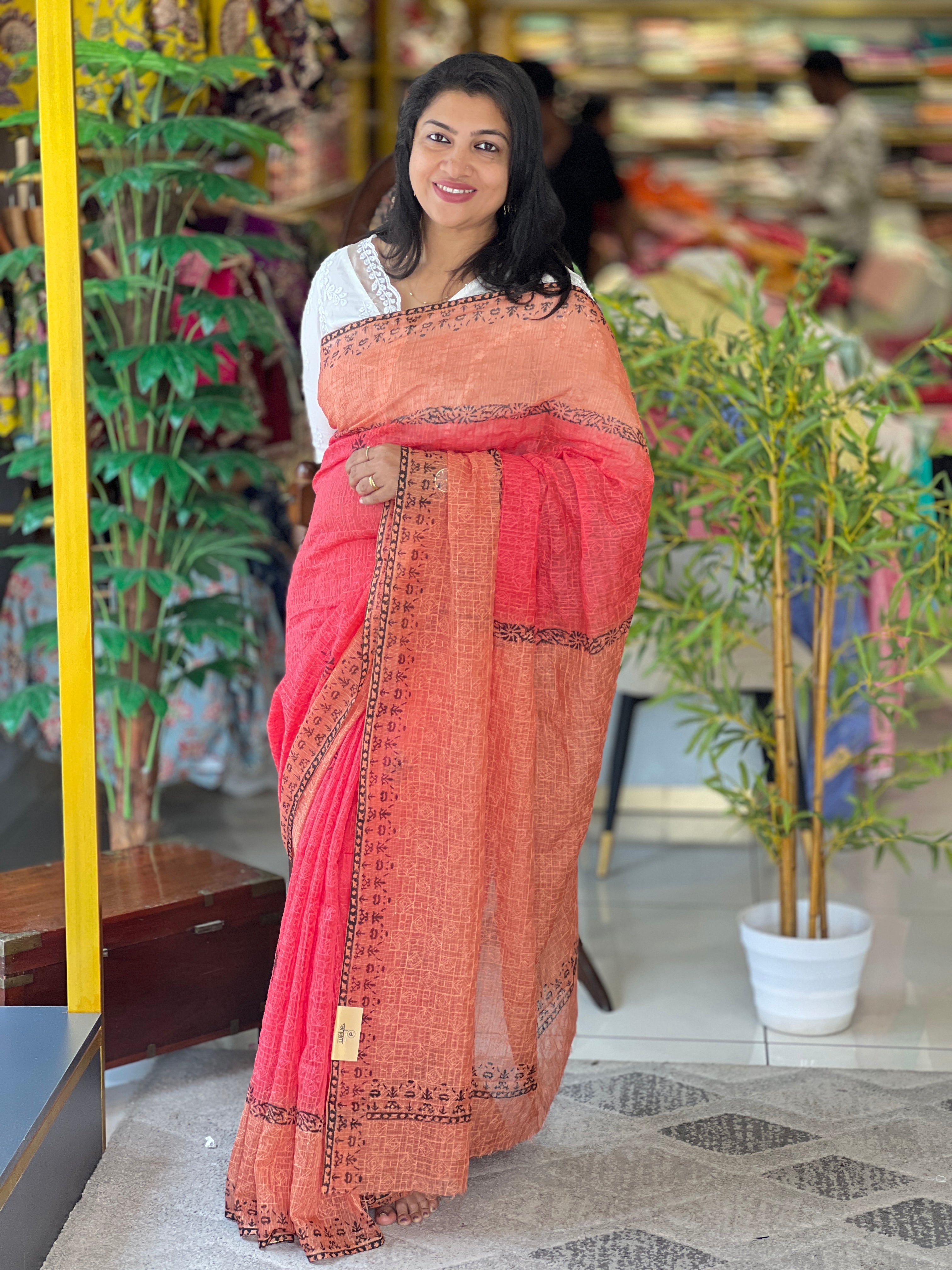 Block Printed Muga Check Kota Saree | JSC622
