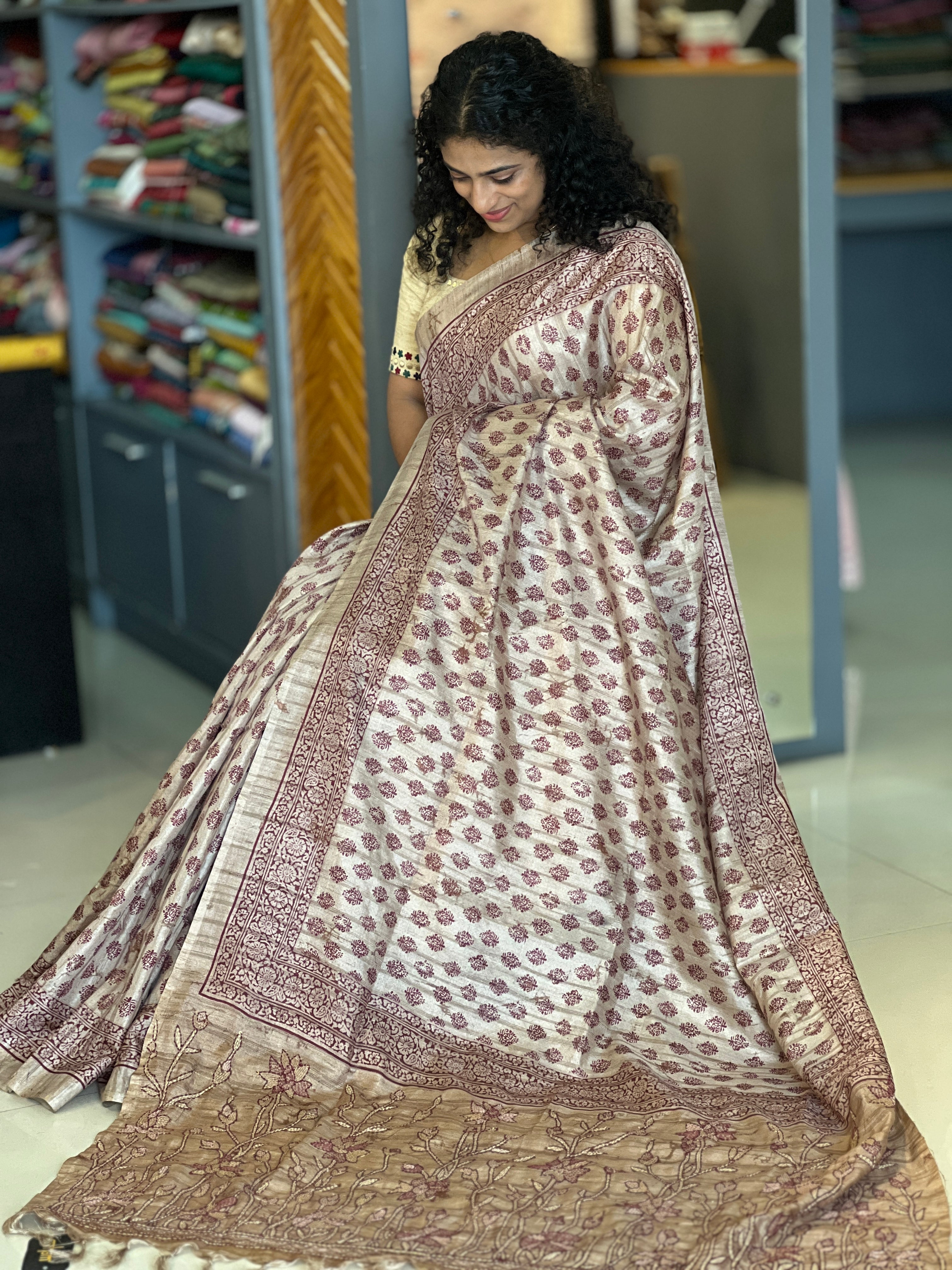 Printed Design & Kantha Embroidery Tussar Finish Saree | KSD107