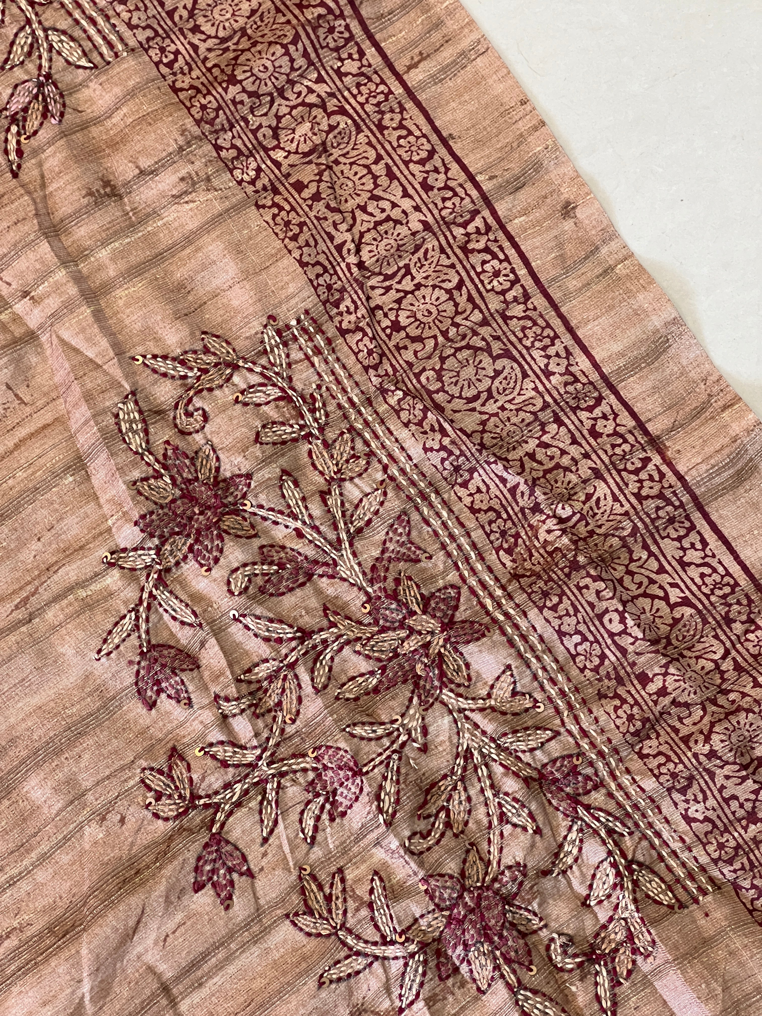 Printed Design & Kantha Embroidery Tussar Finish Saree | KSD107