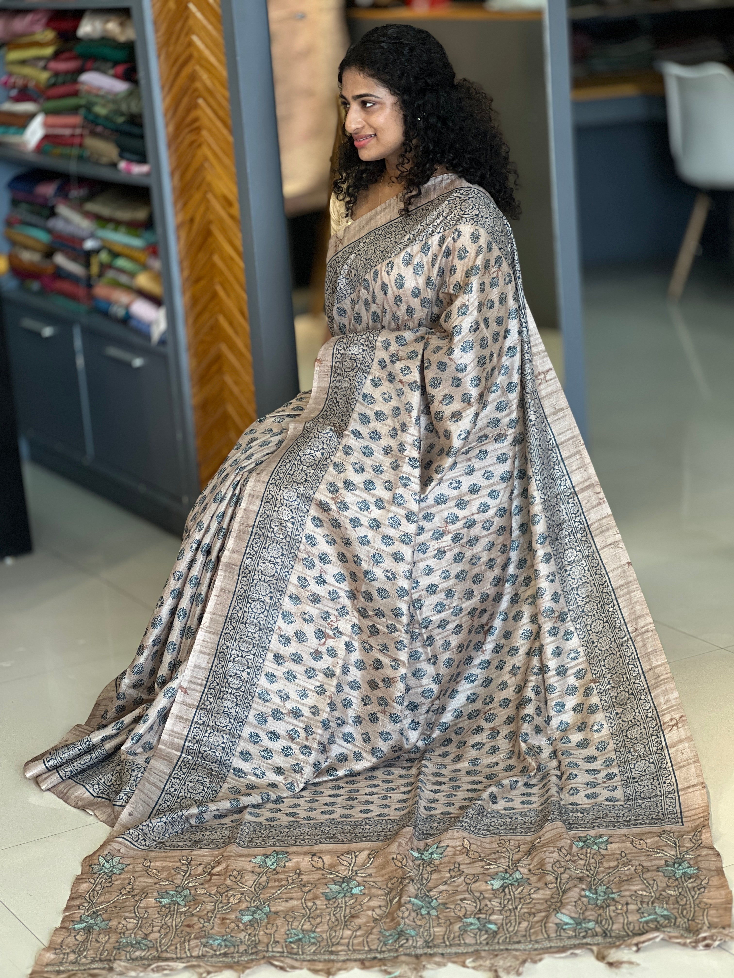 Printed Design & Kantha Embroidery Tussar Finish Saree | KSD107