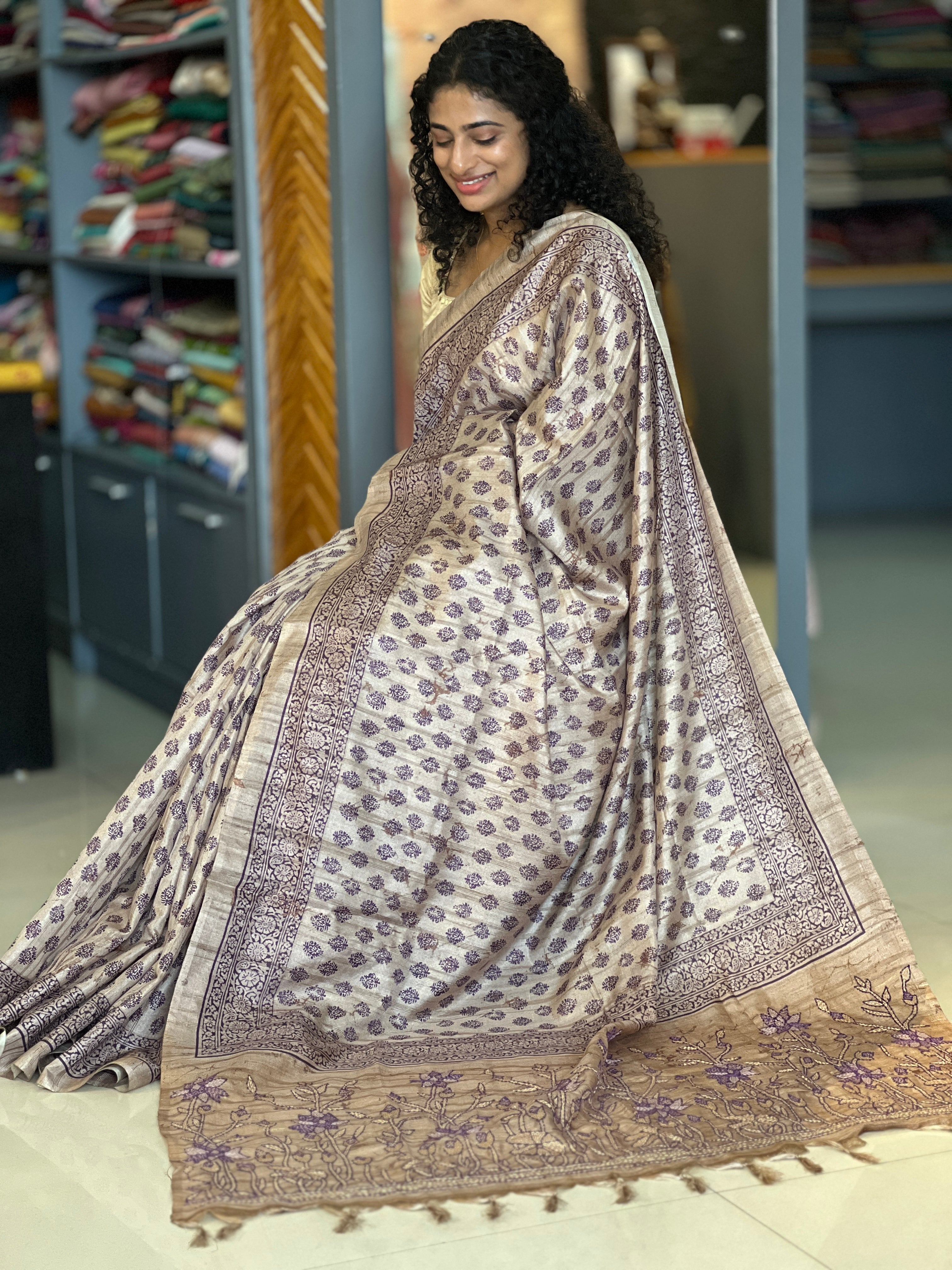 Printed Design & Kantha Embroidery Tussar Finish Saree | KSD107
