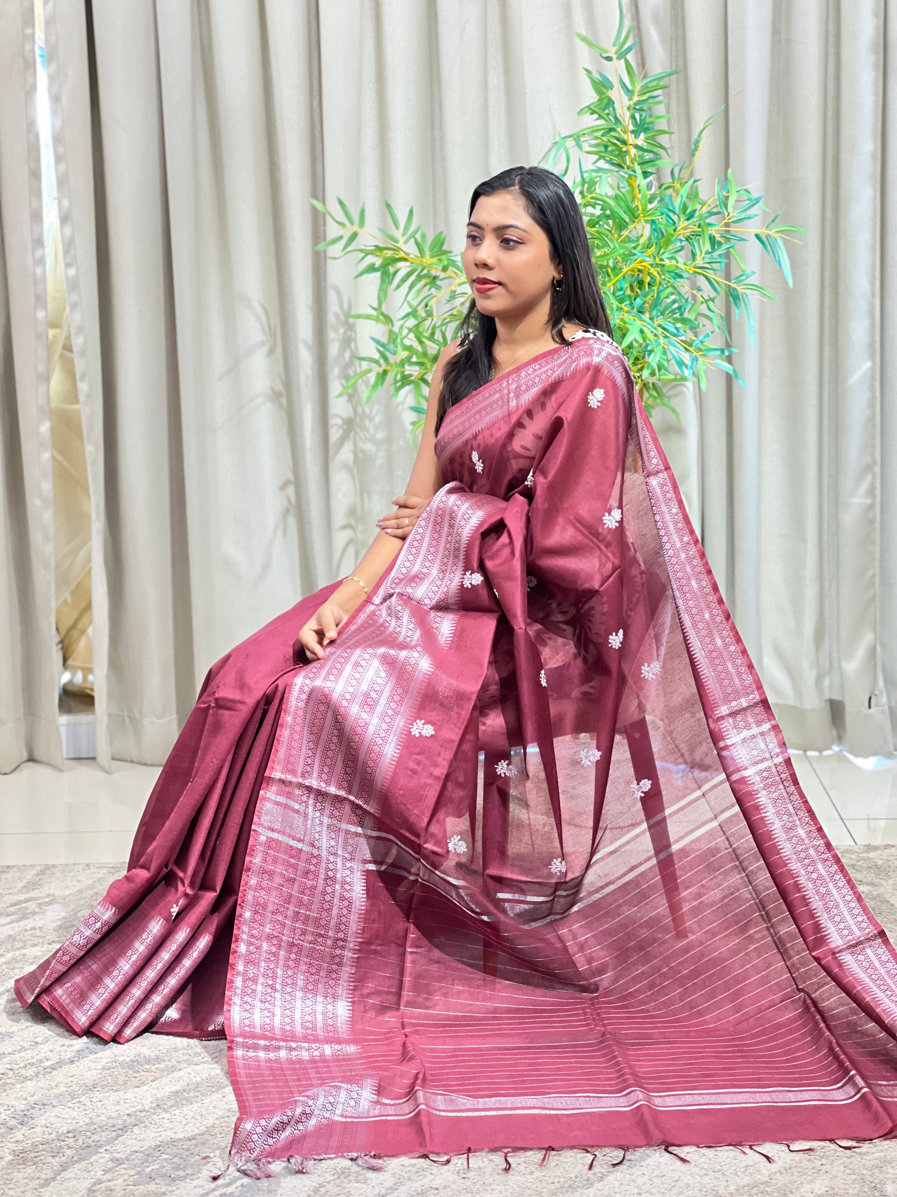 Floral Embroidery Bhagalpuri Linen Saree | NHH644