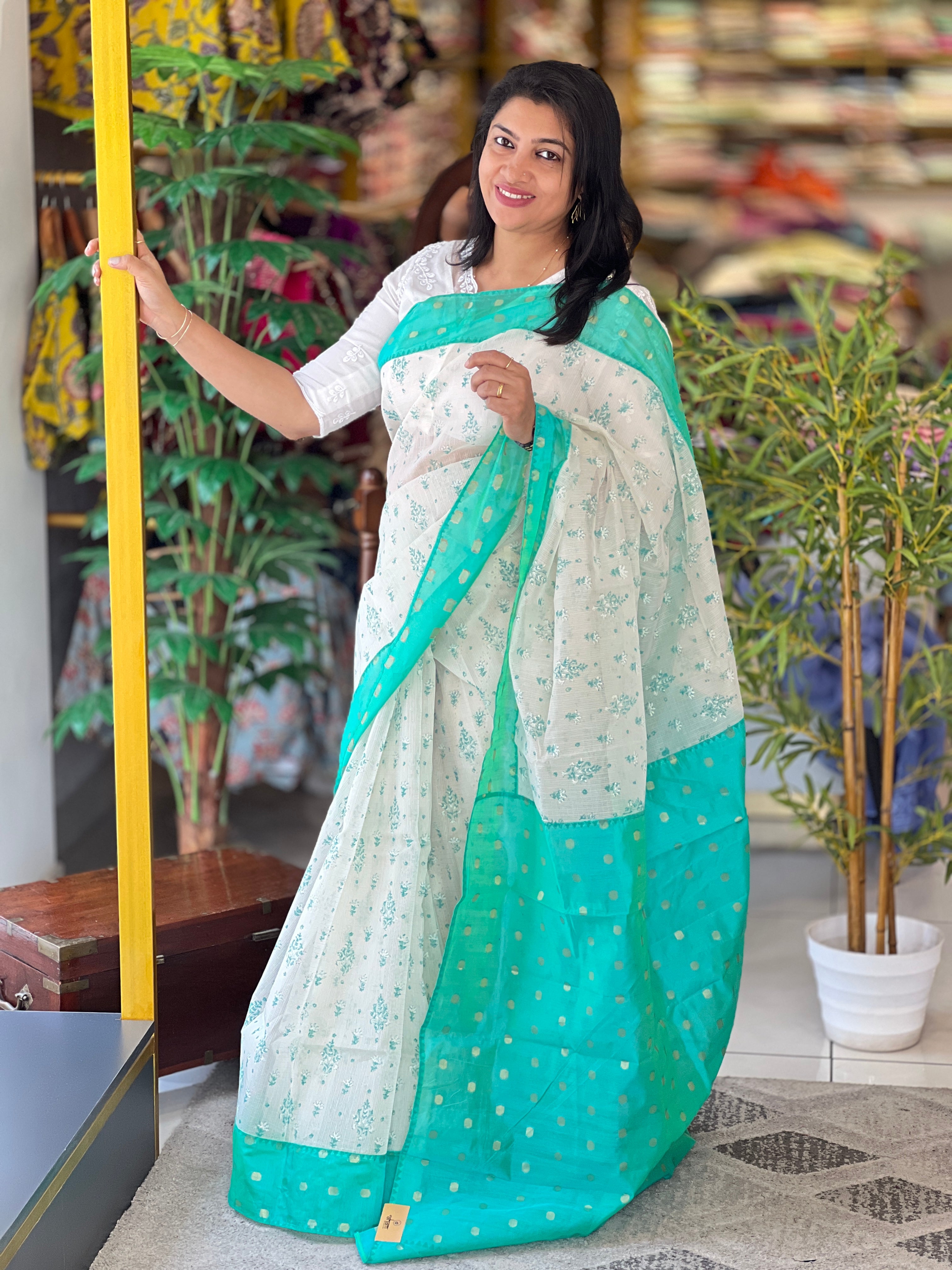 Hand Block Printed Muga Check Organza Saree | JSC629