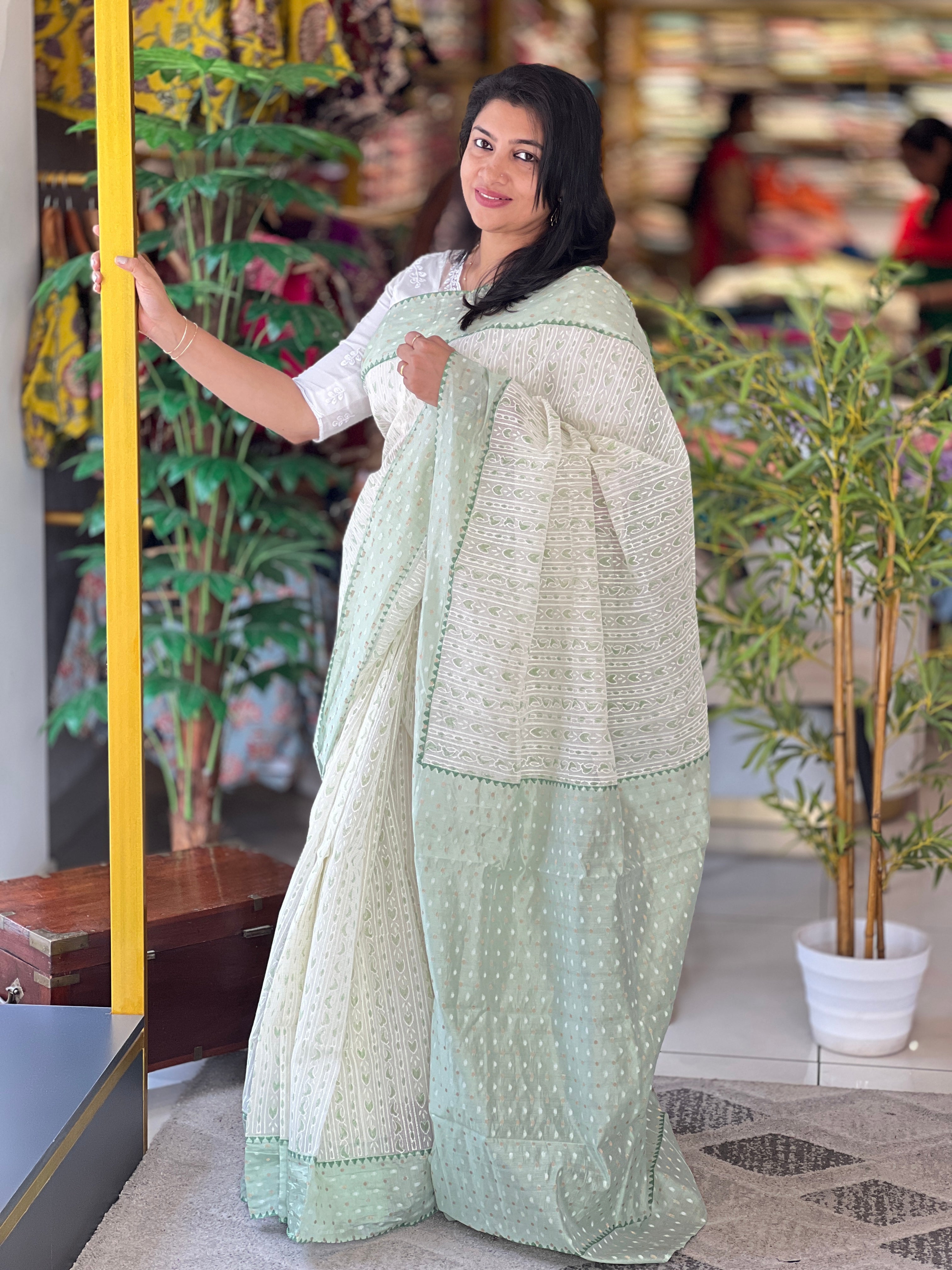 Hand Block Printed Muga Check Organza Saree | JSC630