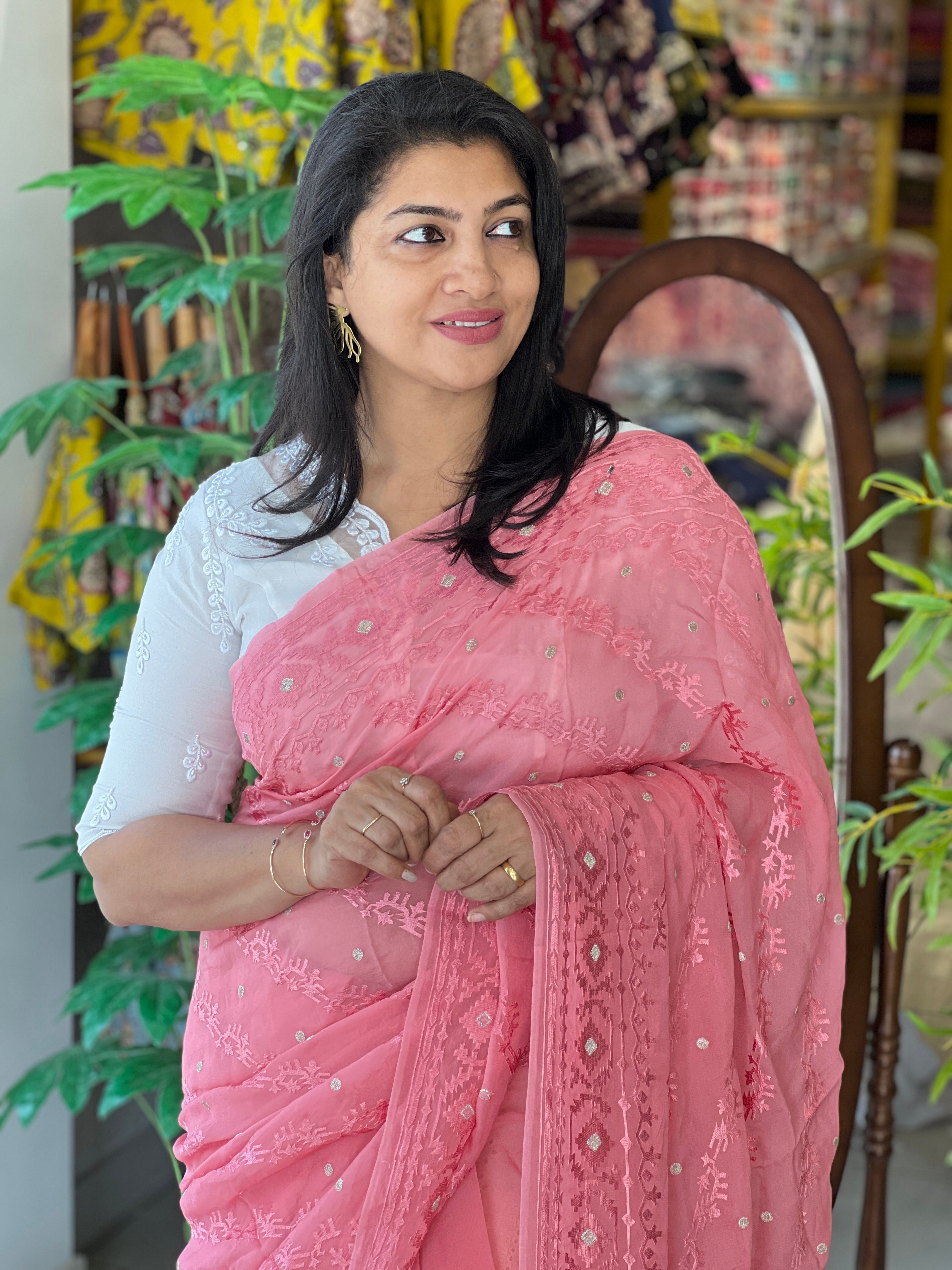 Jamdani Patterned Embroidery Detailed Pure Viscose Organza Saree | MM404