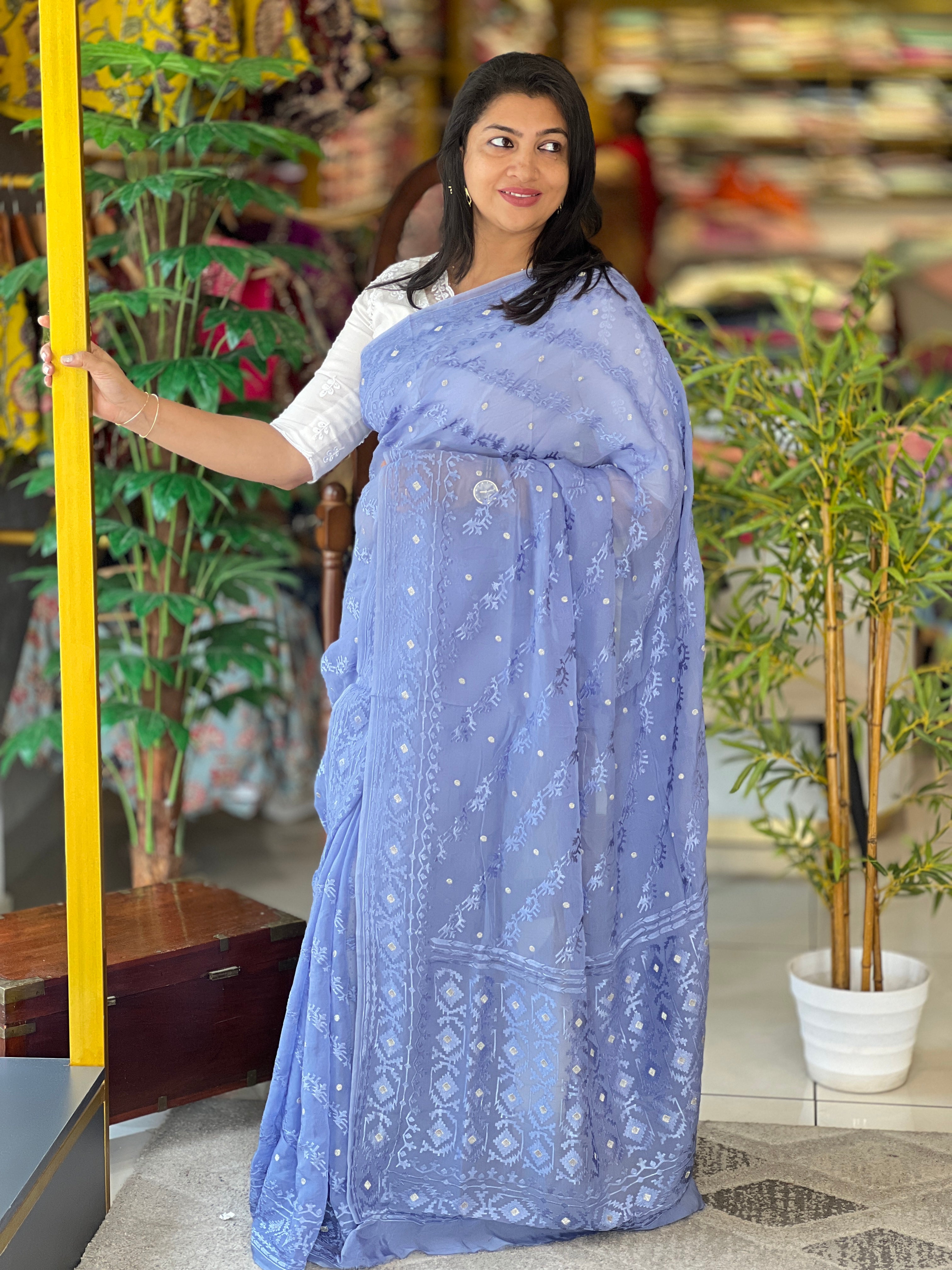 Jamdani Patterned Embroidery Detailed Pure Viscose Organza Saree | MM403