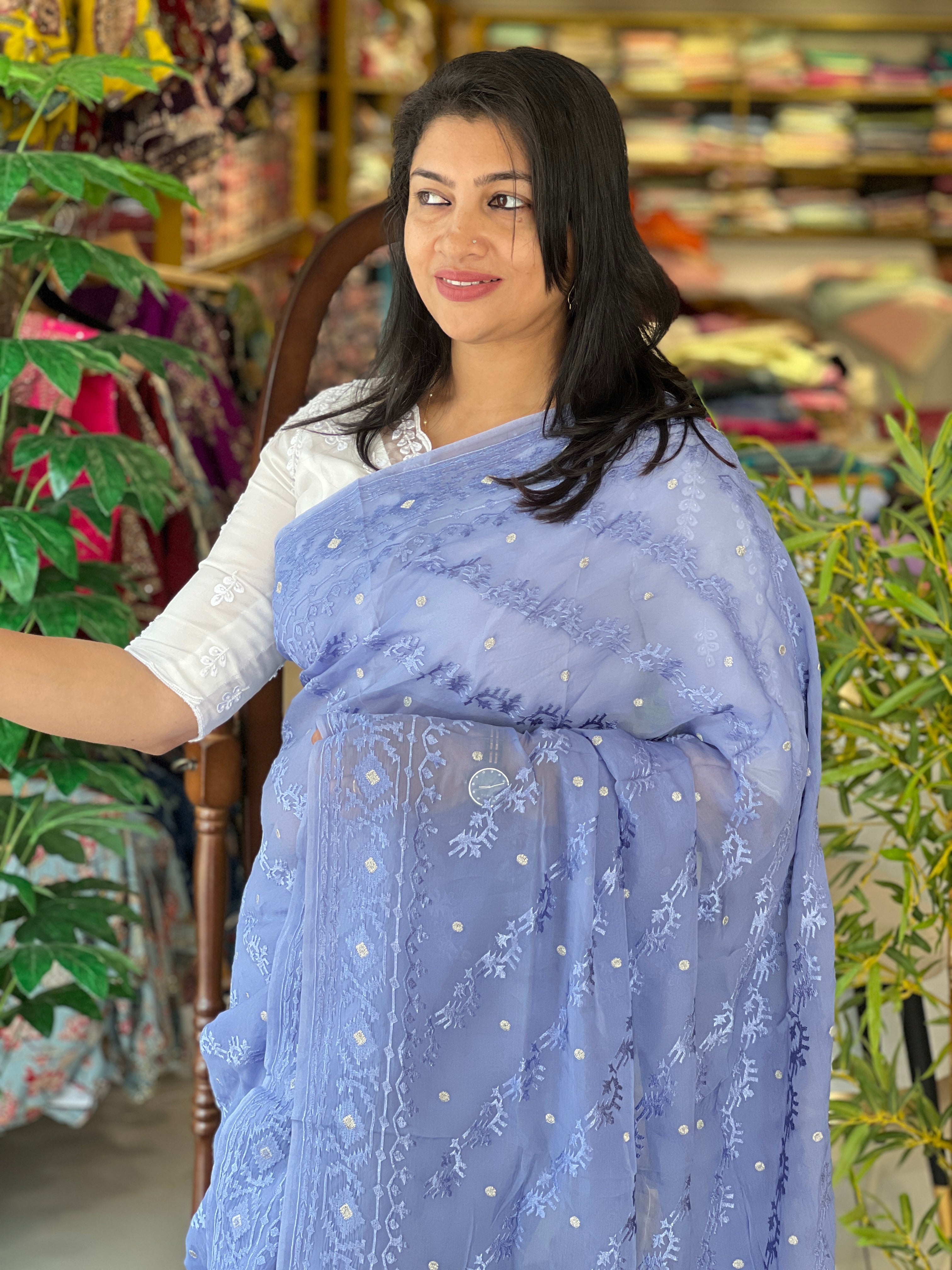 Jamdani Patterned Embroidery Detailed Pure Viscose Organza Saree | MM403