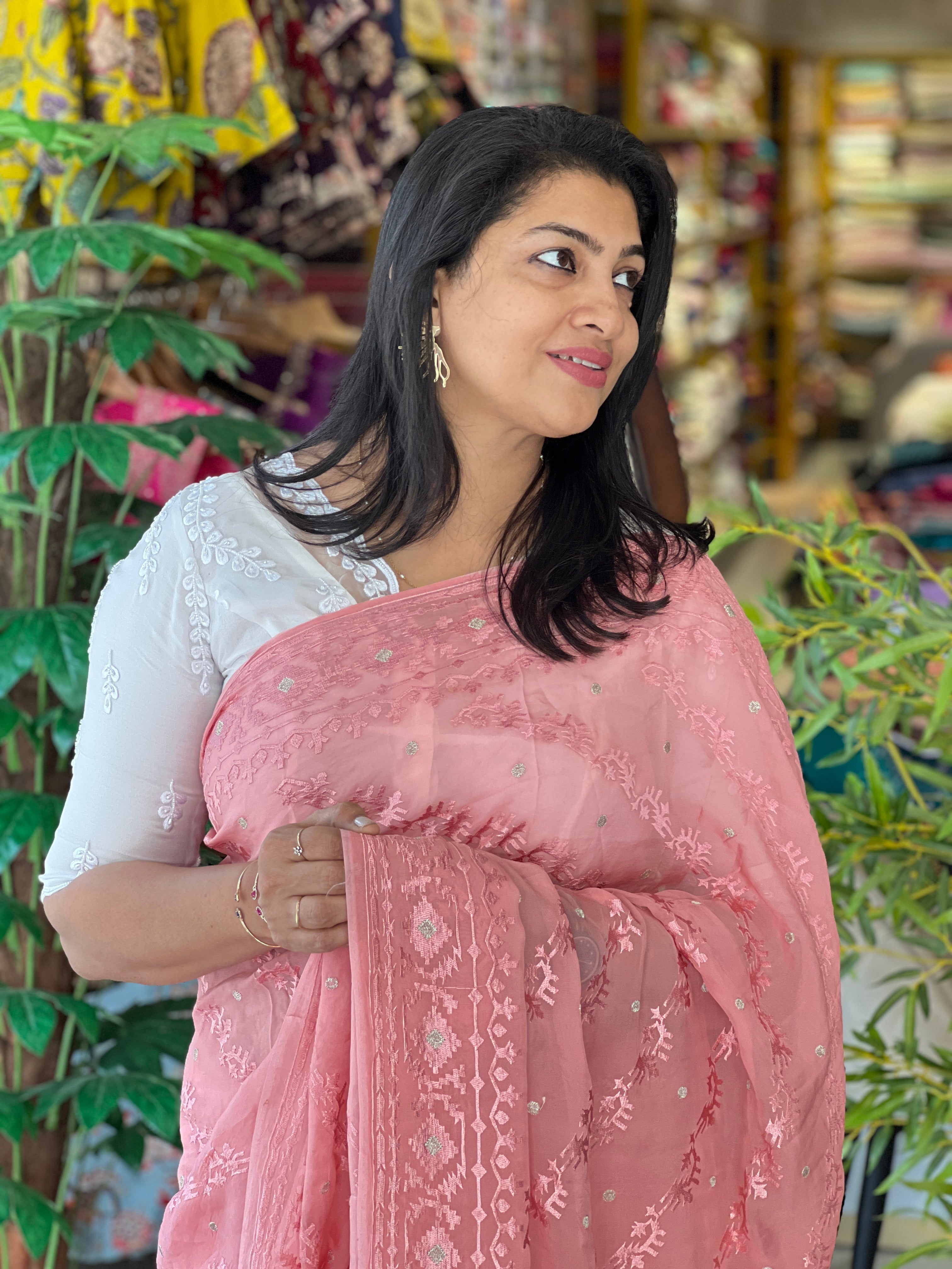 Jamdani Patterned Embroidery Detailed Pure Viscose Organza Saree | MM400