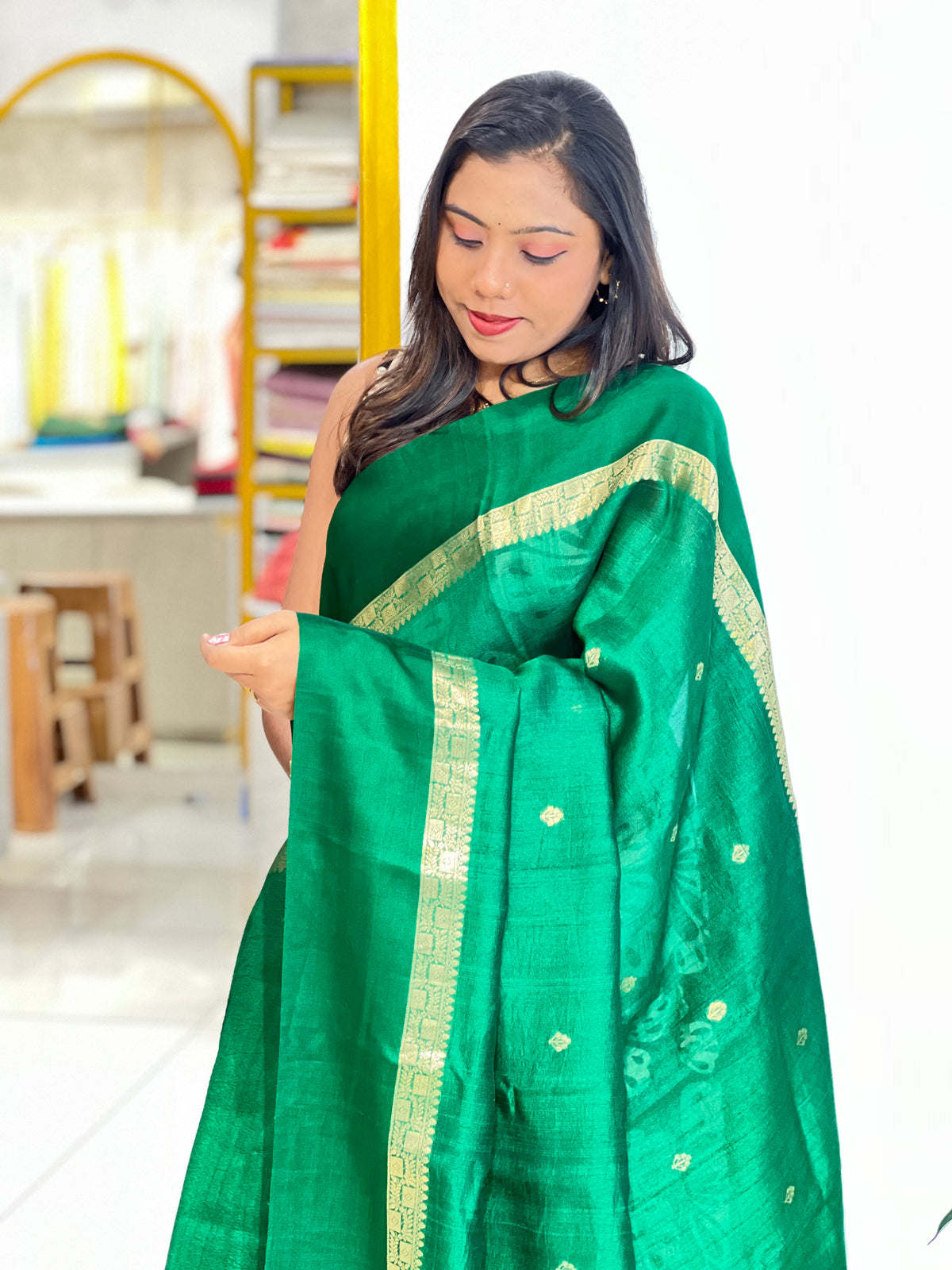 Buta Woven Satin Patta Bordered Tussar Saree | YNG1551