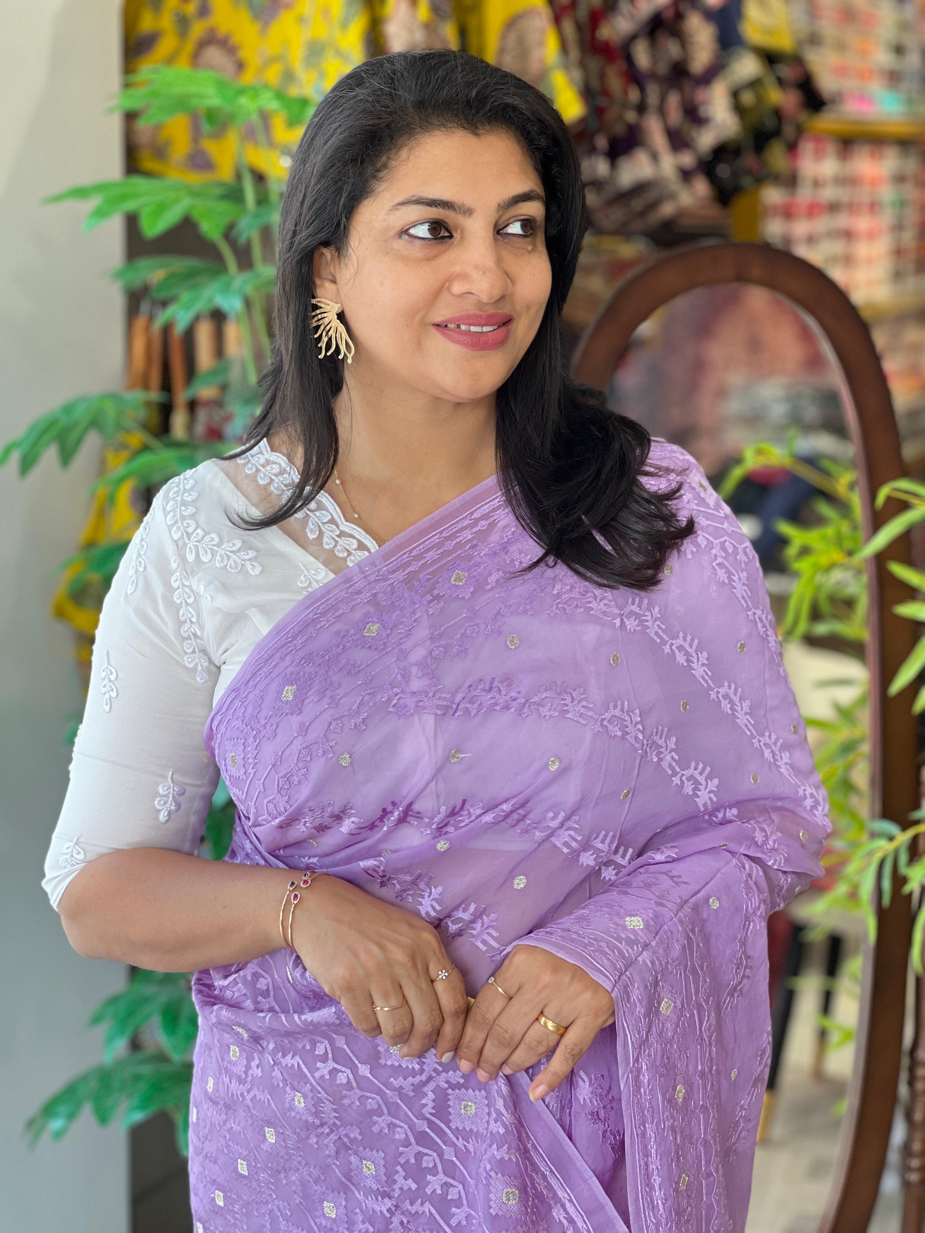 Jamdani Patterned Embroidery Detailed Pure Viscose Organza Saree | MM401