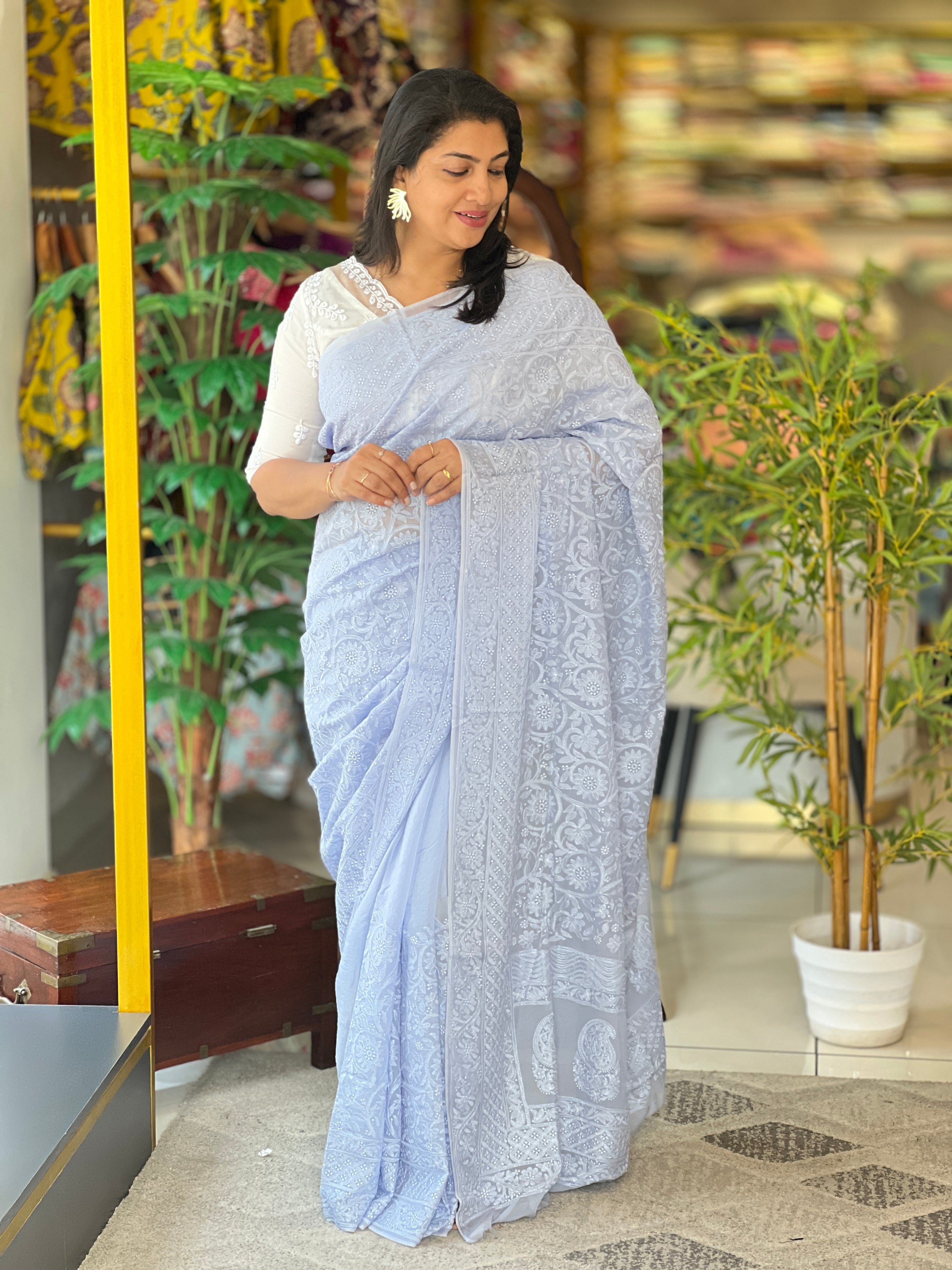 Chikankari Work Detailed Pure Viscose Organza Saree | MM408
