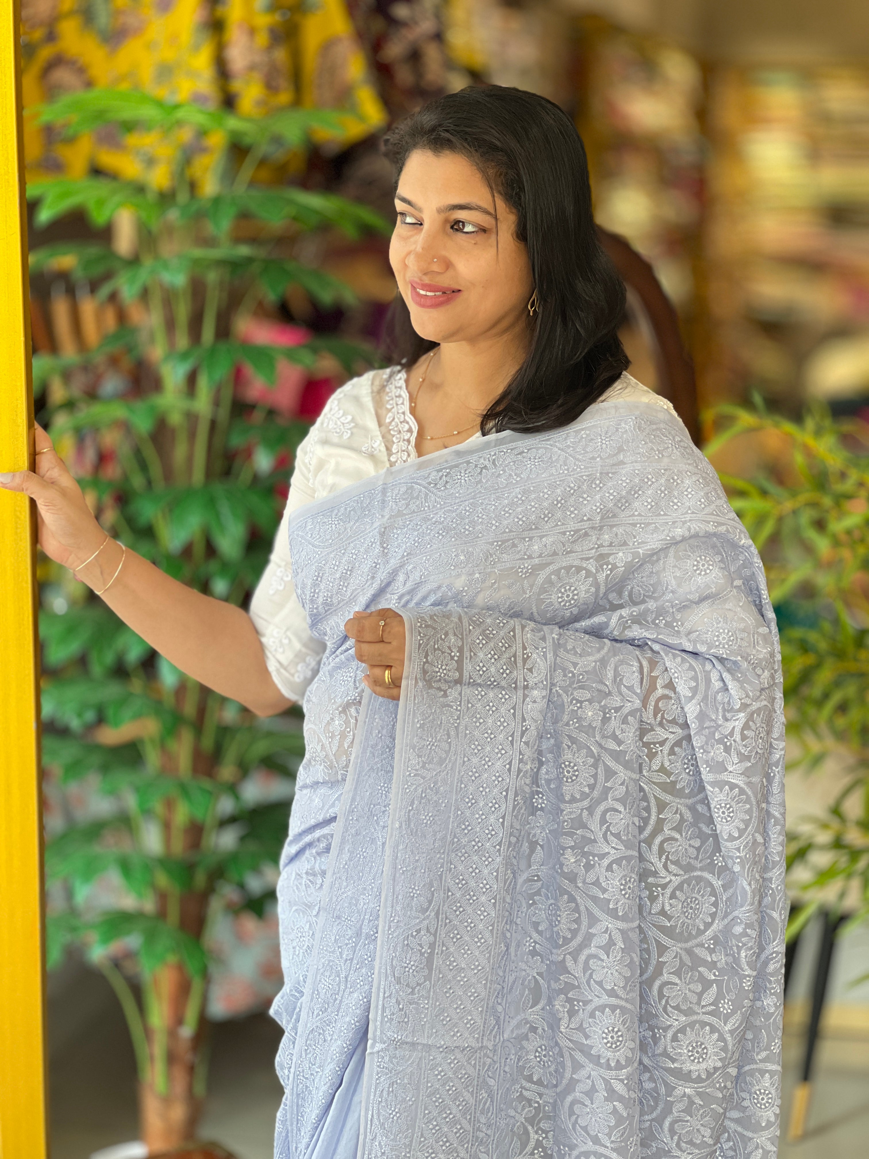 Chikankari Work Detailed Pure Viscose Organza Saree | MM408