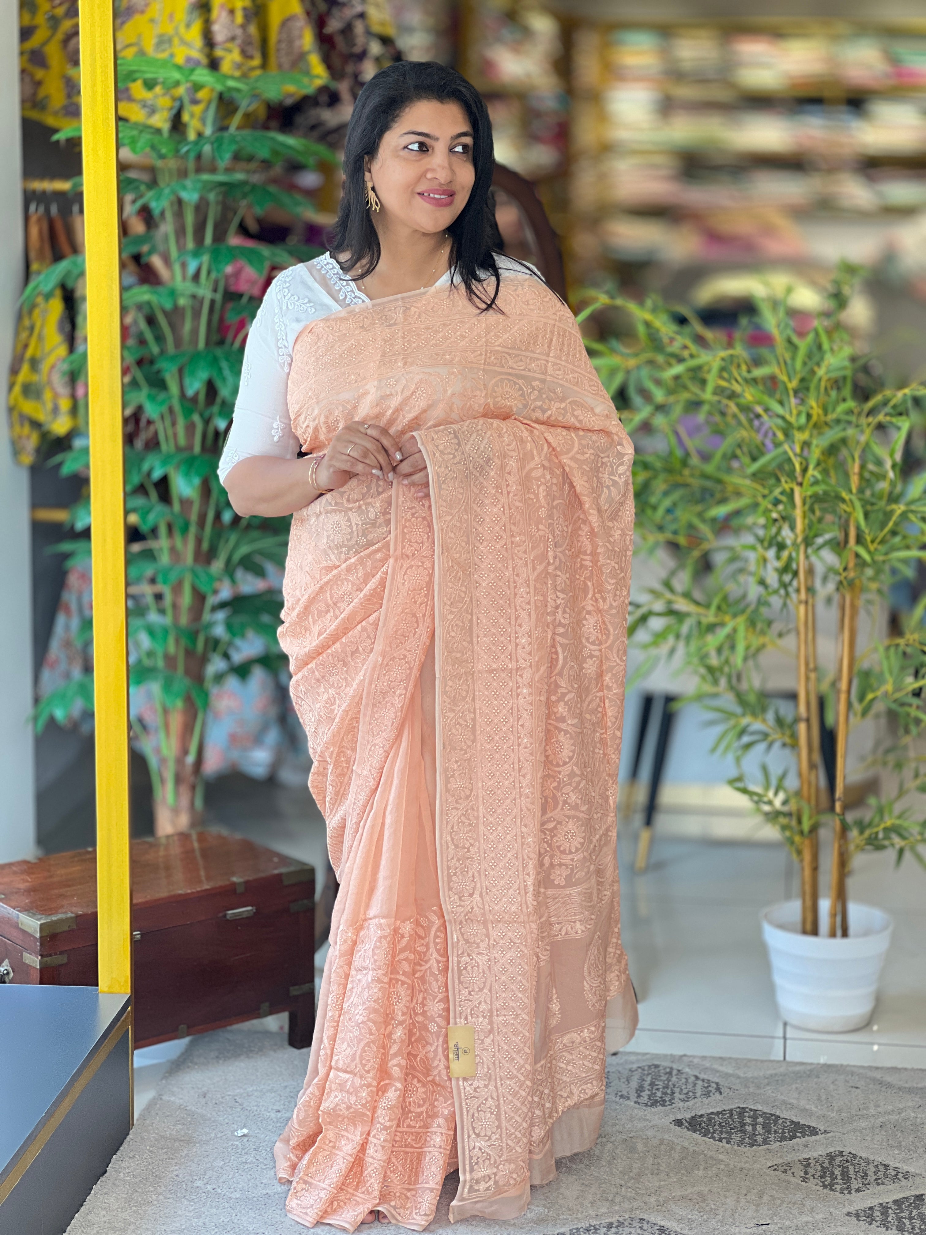 Chikankari Work Detailed Pure Viscose Organza Saree | MM407