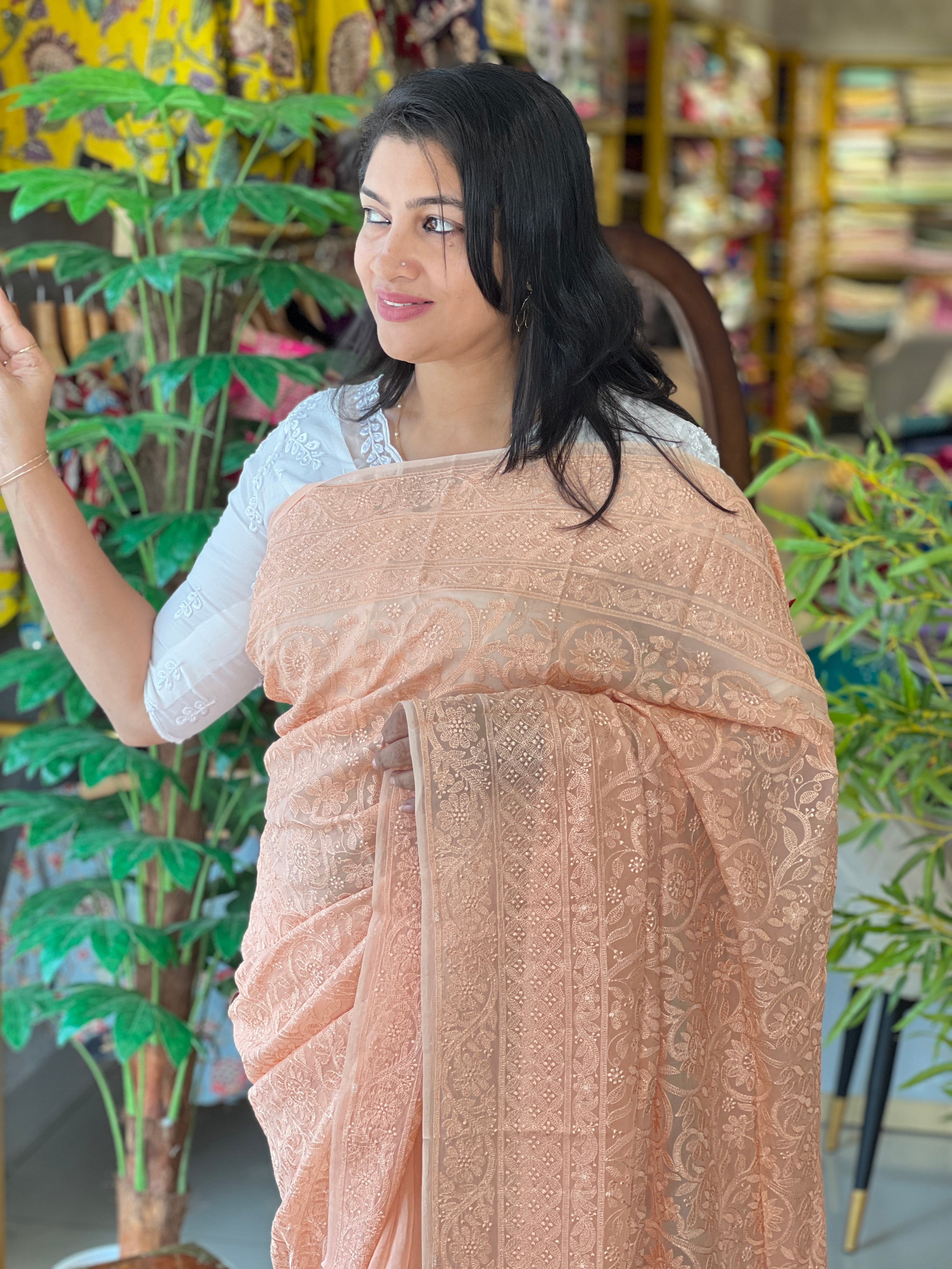 Chikankari Work Detailed Pure Viscose Organza Saree | MM407