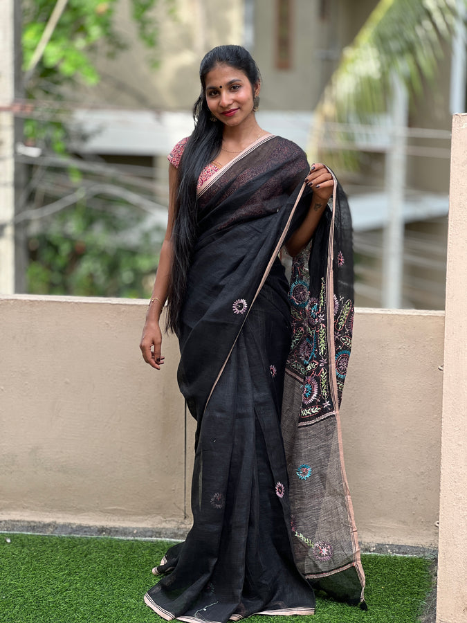 Floral Hand Embroidery Linen Saree | GMS121